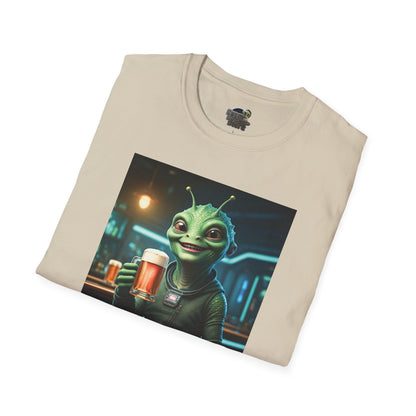 Folded Unisex alien woman t-shirt with Beer at the pub
