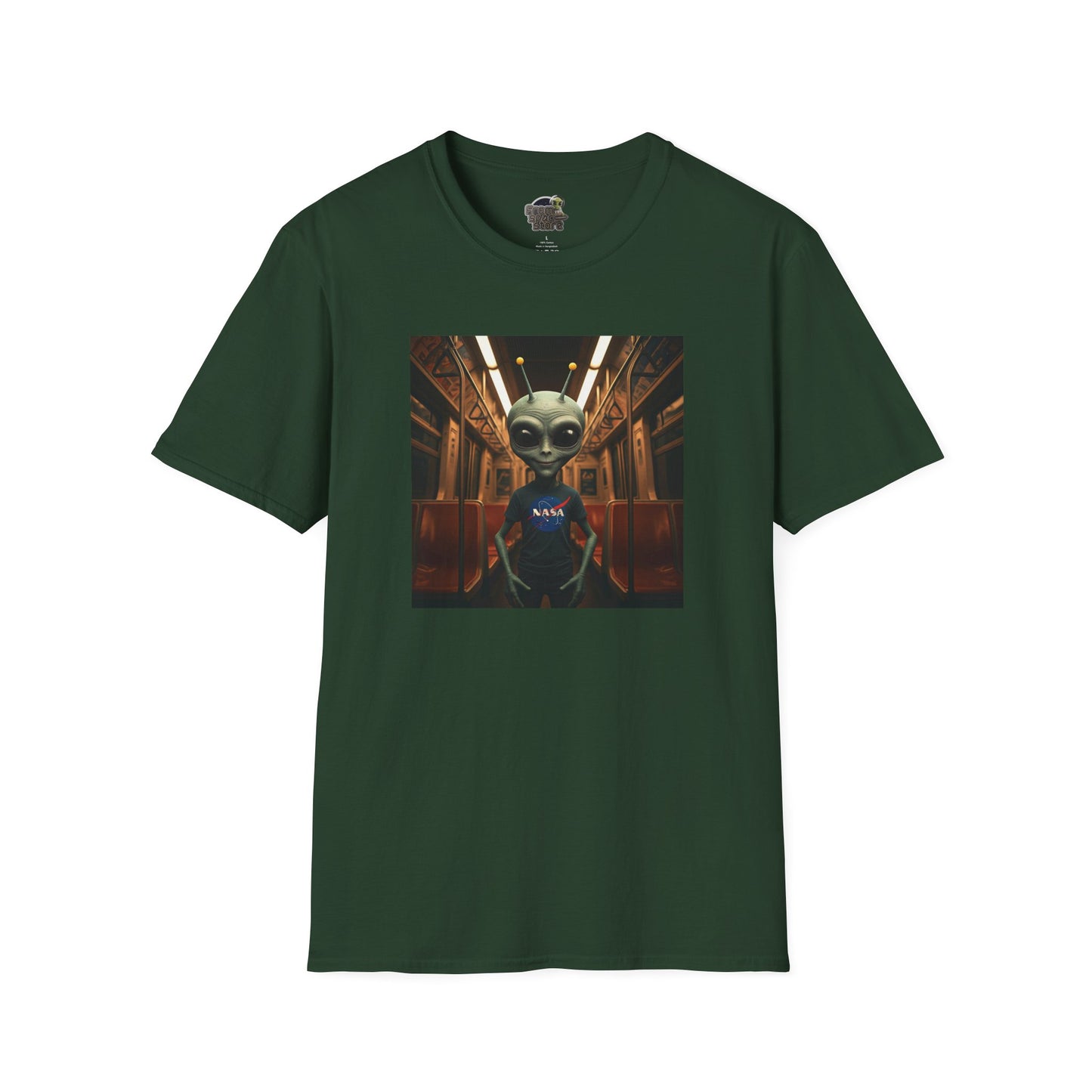 forest green Unisex alien in subway T-shirt: funny and modern graphic tee