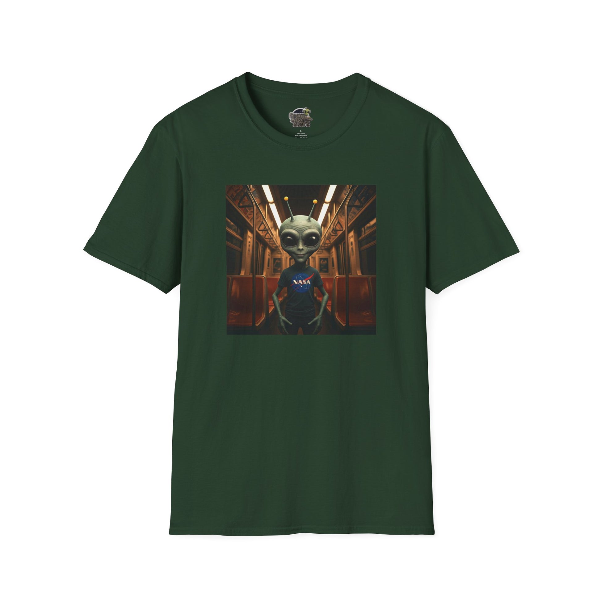 forest green Unisex alien in subway T-shirt: funny and modern graphic tee
