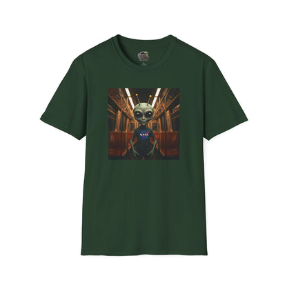 forest green Unisex alien in subway T-shirt: funny and modern graphic tee