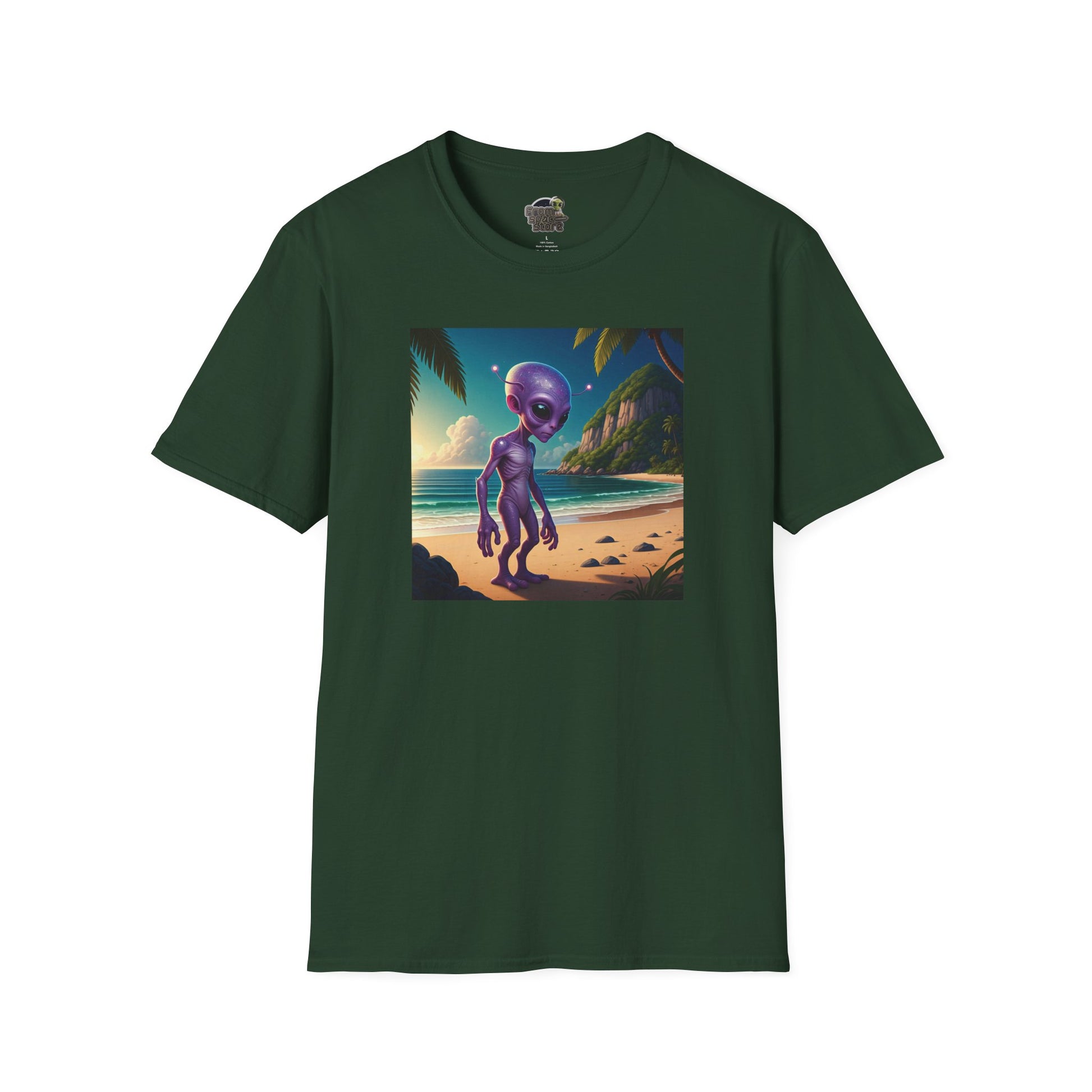 Alien at beach on a forest green unisex t-shirt graphic