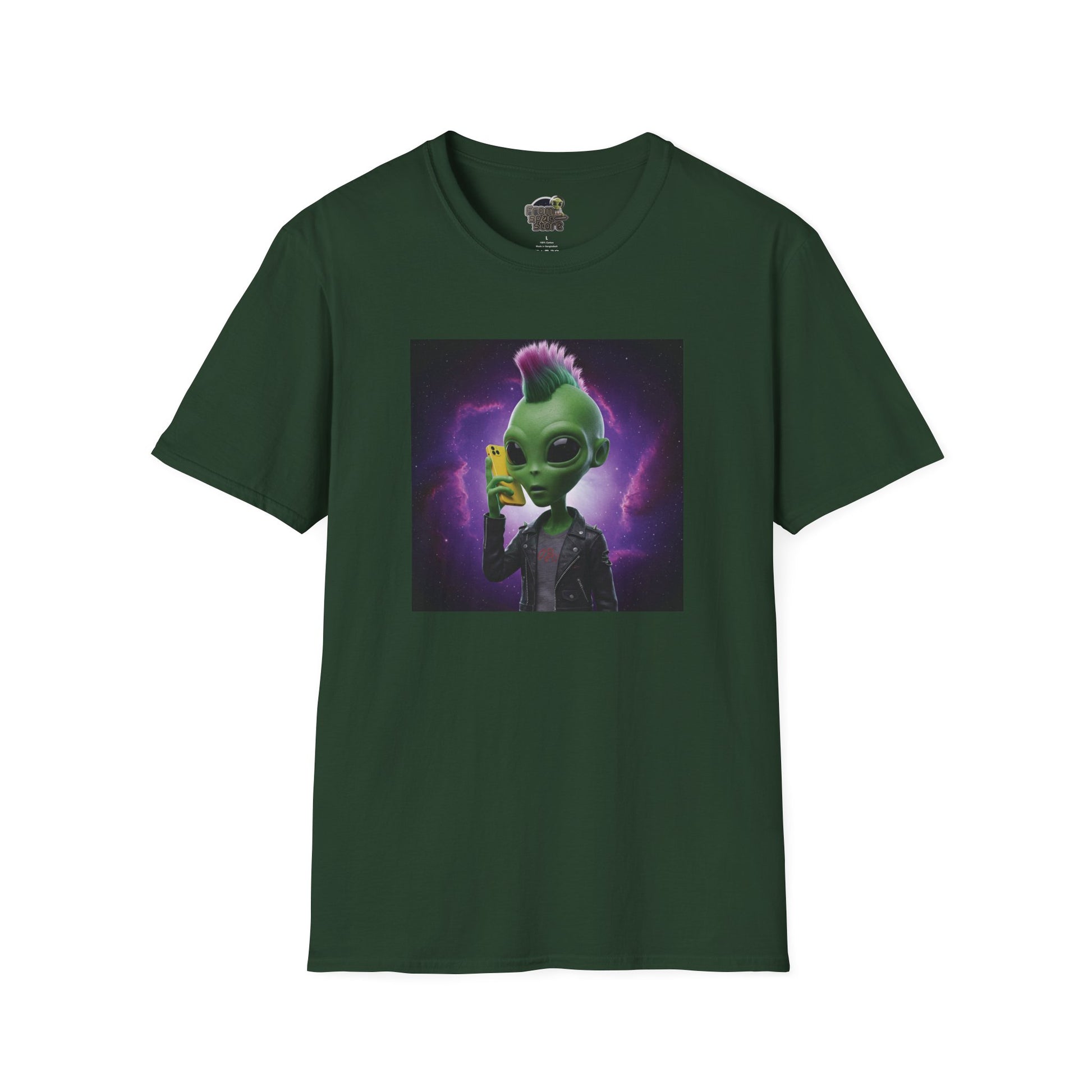 Forest green Unisex alien punk t-shirt with mobile phone