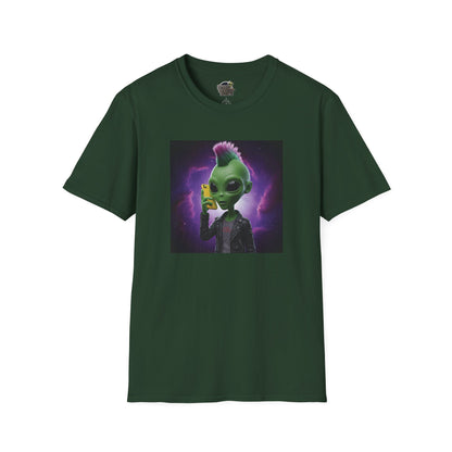 Forest green Unisex alien punk t-shirt with mobile phone