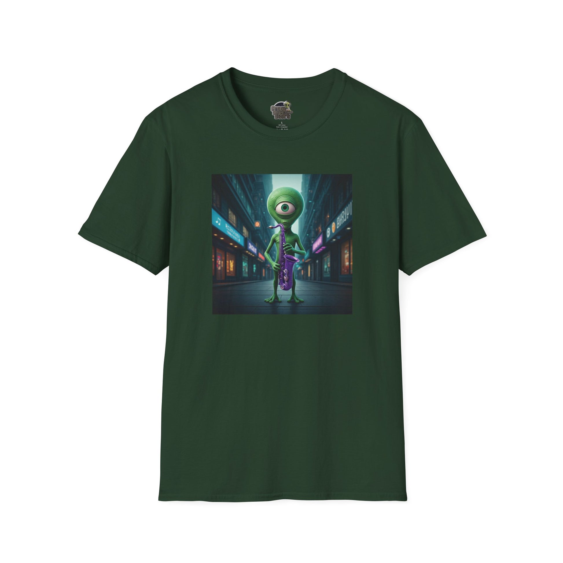 Forest green Unisex t-shirt alien playing saxophone in city night