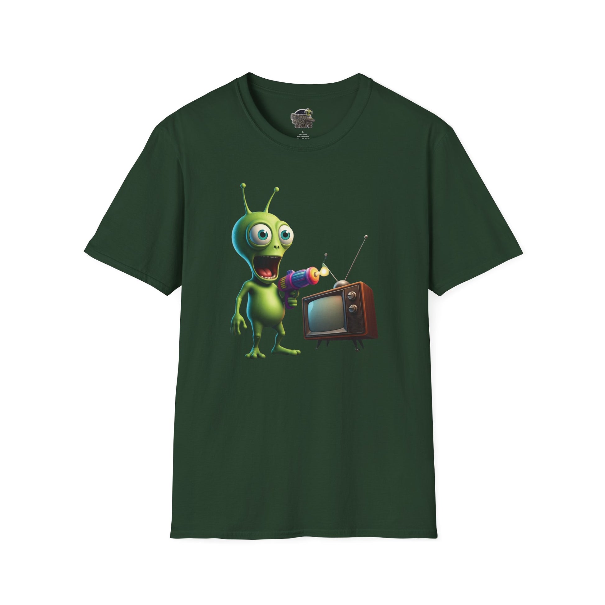 Forest green Unisex alien zapping vintage TV t-shirt
