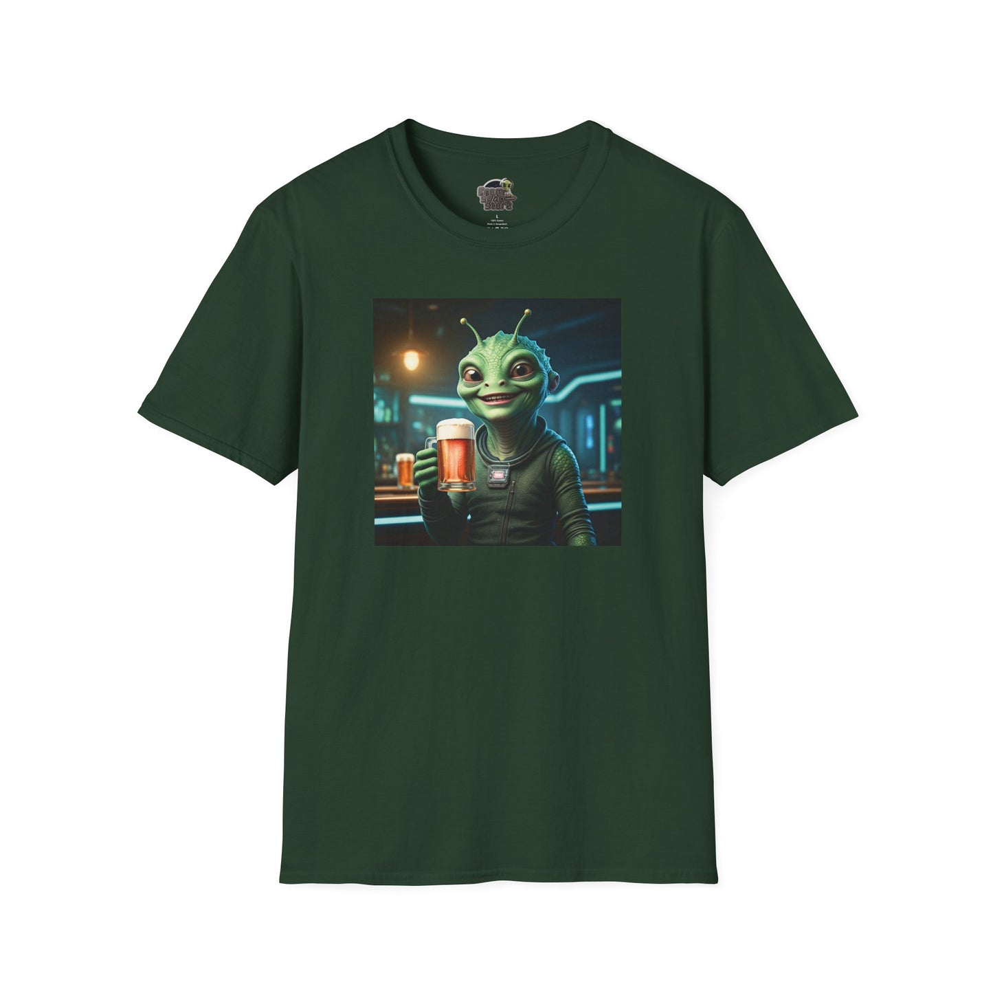 Forest green Unisex alien woman t-shirt with Beer at the pub