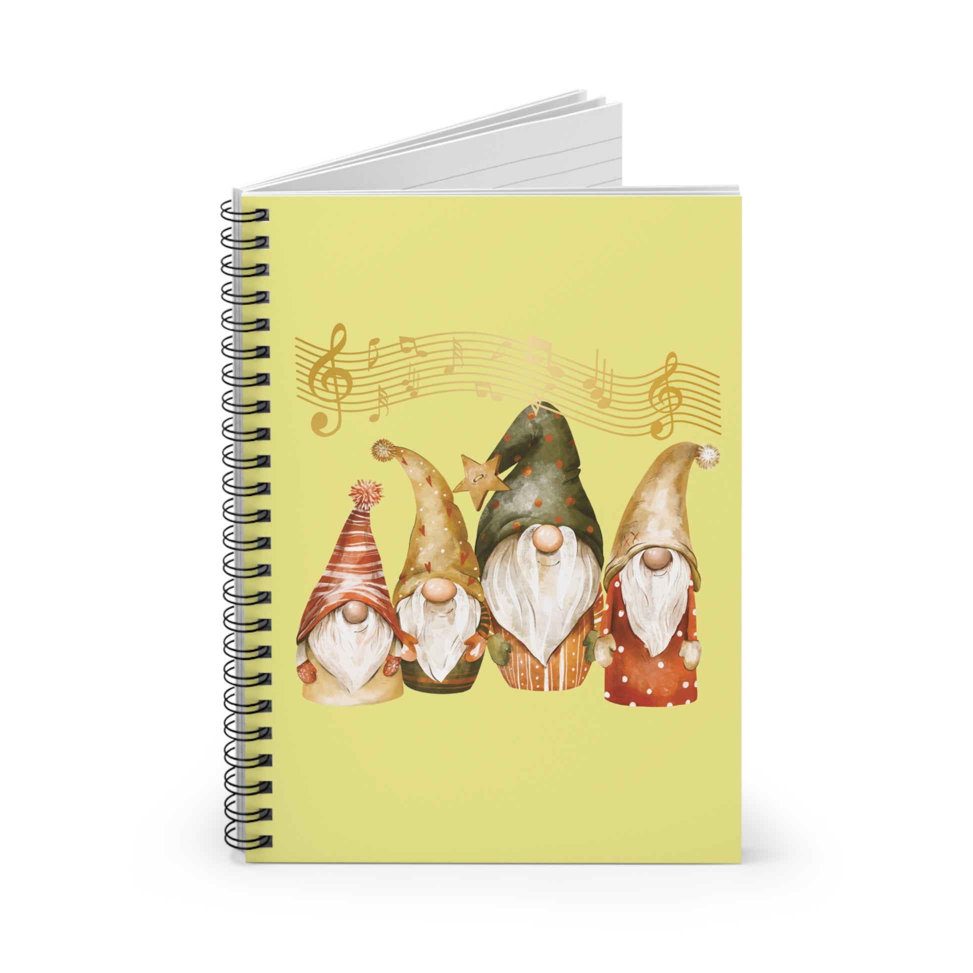 Watercolor illustration of four standing gnomes with white beards and festive red, green, and striped hats, topped with golden musical notes, printed on the cover of a yellow spiral notebook.