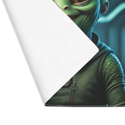 Close-up of a green alien character with a textured surface