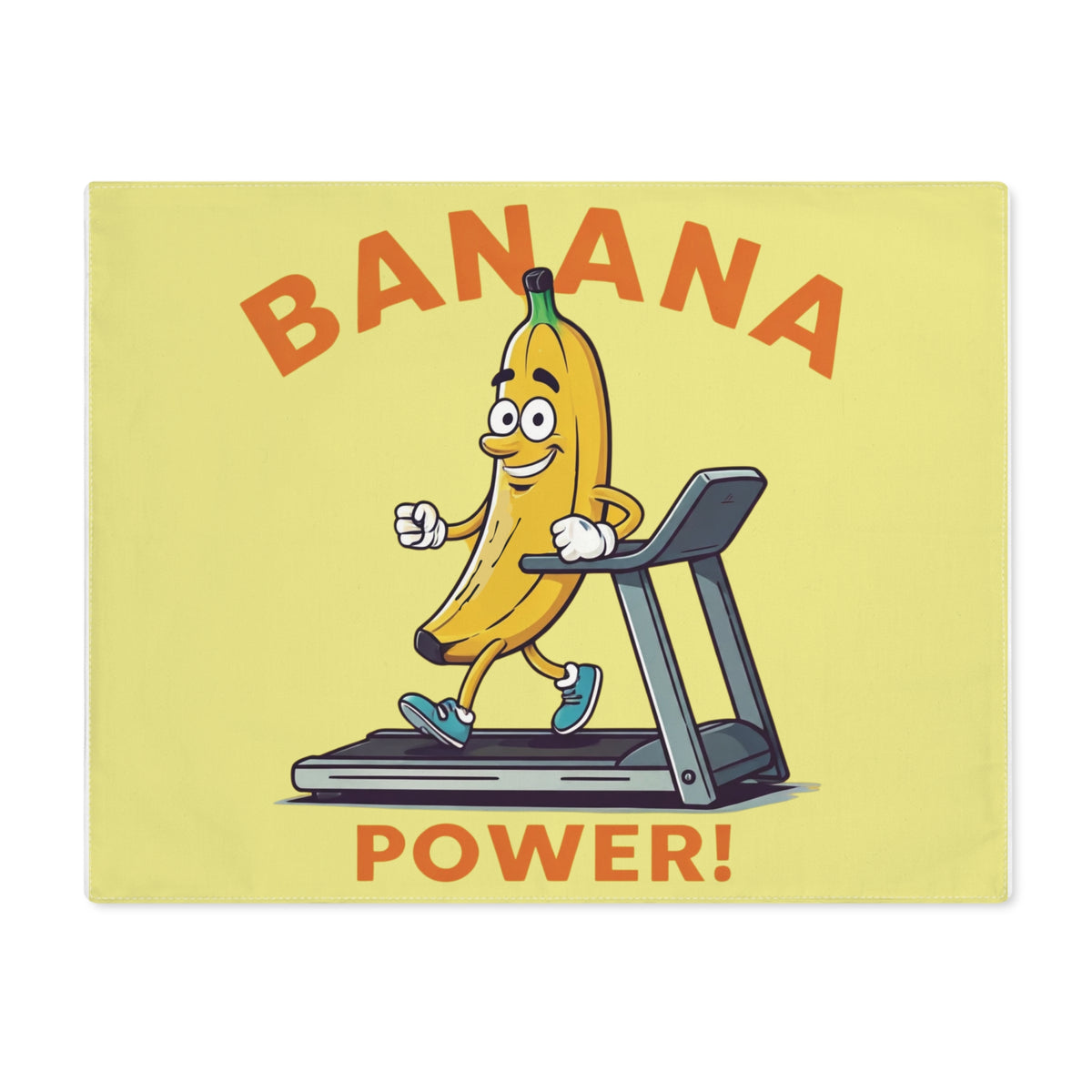 Flat front view of a yellow dining placemat featuring a happy cartoon banana running on a treadmill with bold text reading Banana Power.
