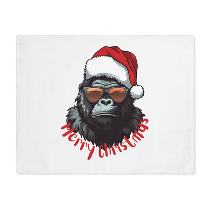 Close-up of the cool gorilla wearing Santa hat and shades on a placemat. High-quality print for the US streetwear and novelty gift market.