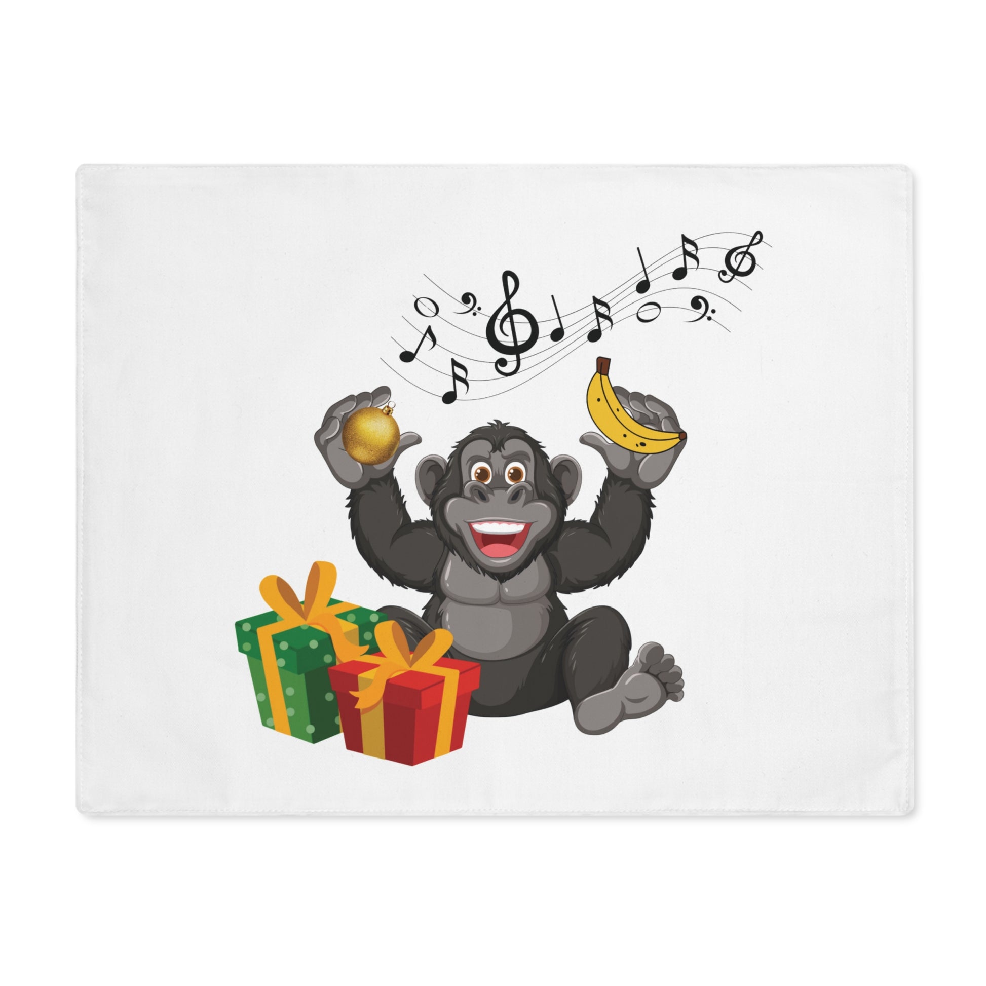 Close-up of the seriously cool gorilla musician design on a placemat. High-quality print for non-traditional US holiday home decor.