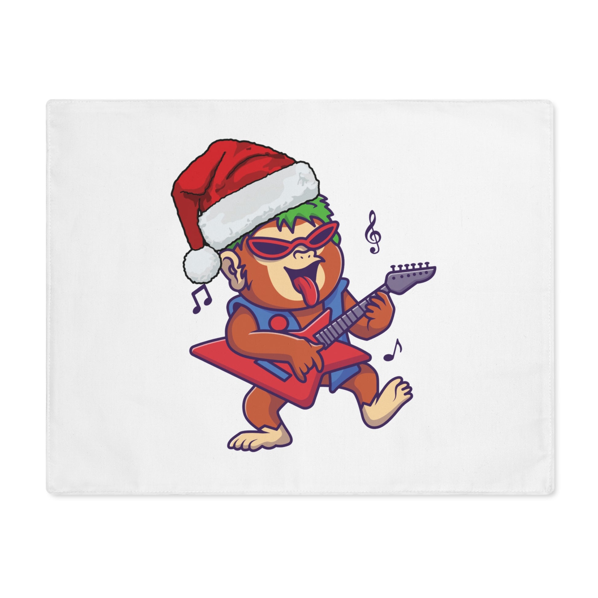 Close-up of funny Christmas rock monkey design on placemat. High-quality print, built for chaos. Unique US holiday table linen.
