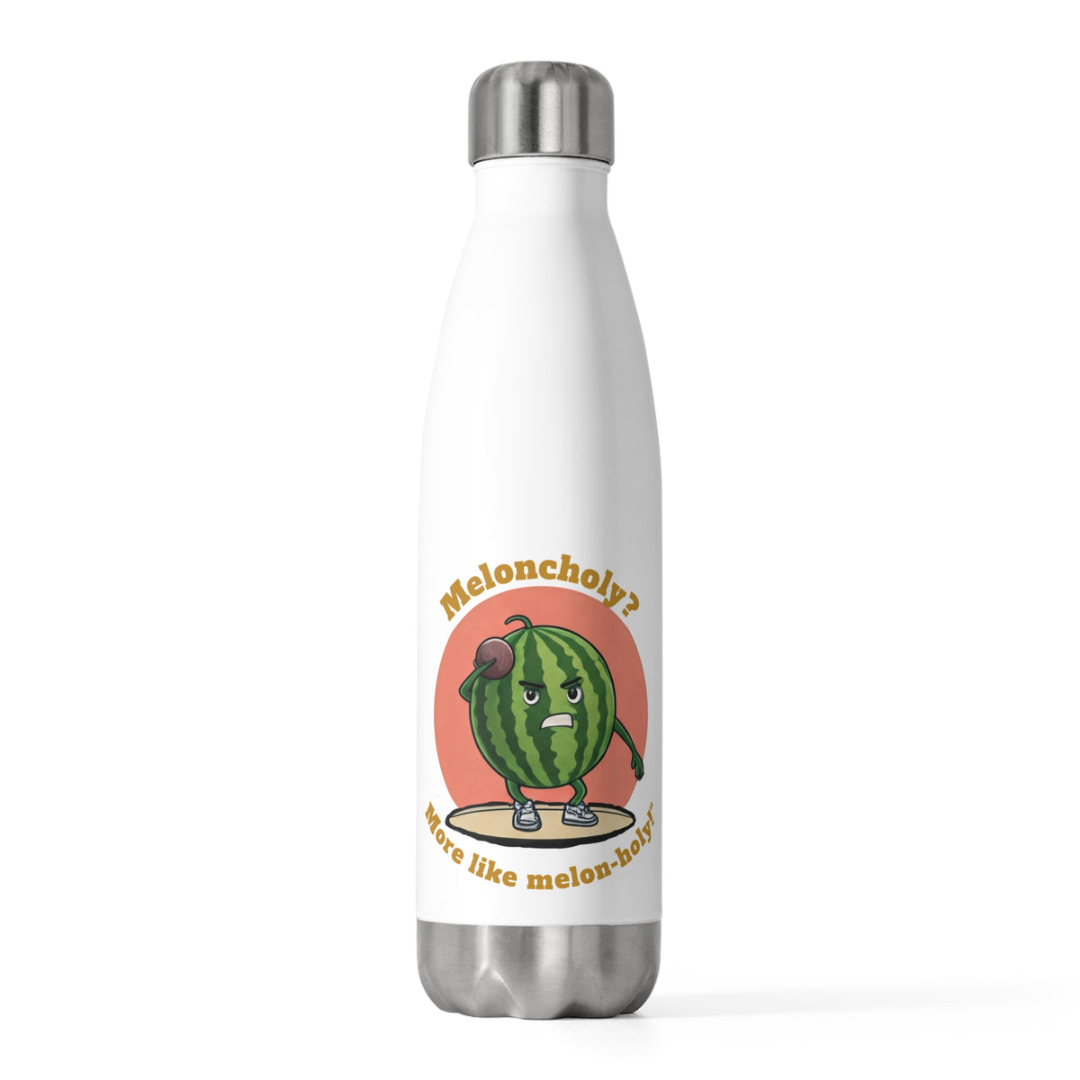 Front studio view of a white stainless steel water bottle displaying a funny fitness watermelon lifting dumbbells with red background and pun text.