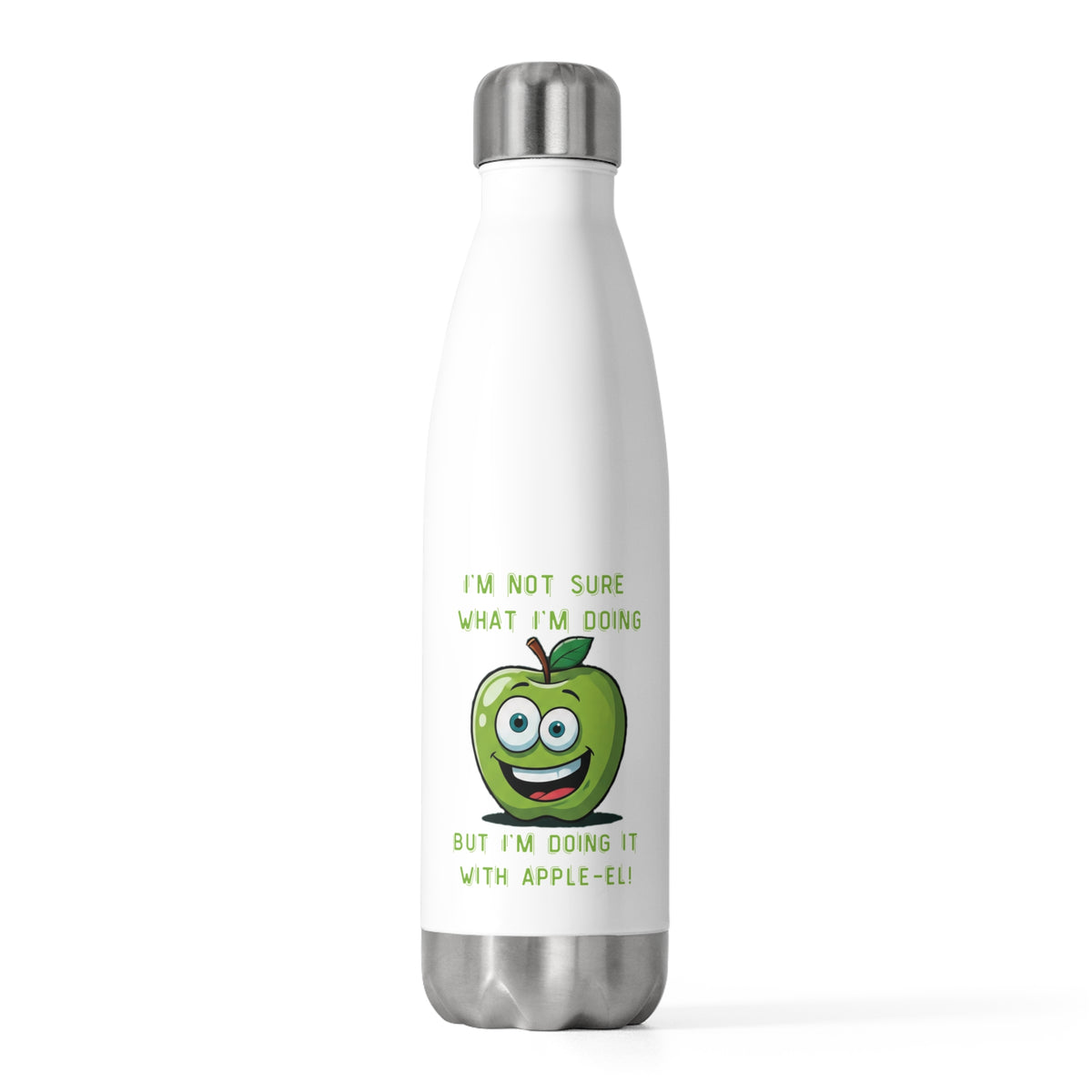 Front studio view of a white stainless steel water bottle displaying a smiling green apple character with positive pun quote text.
