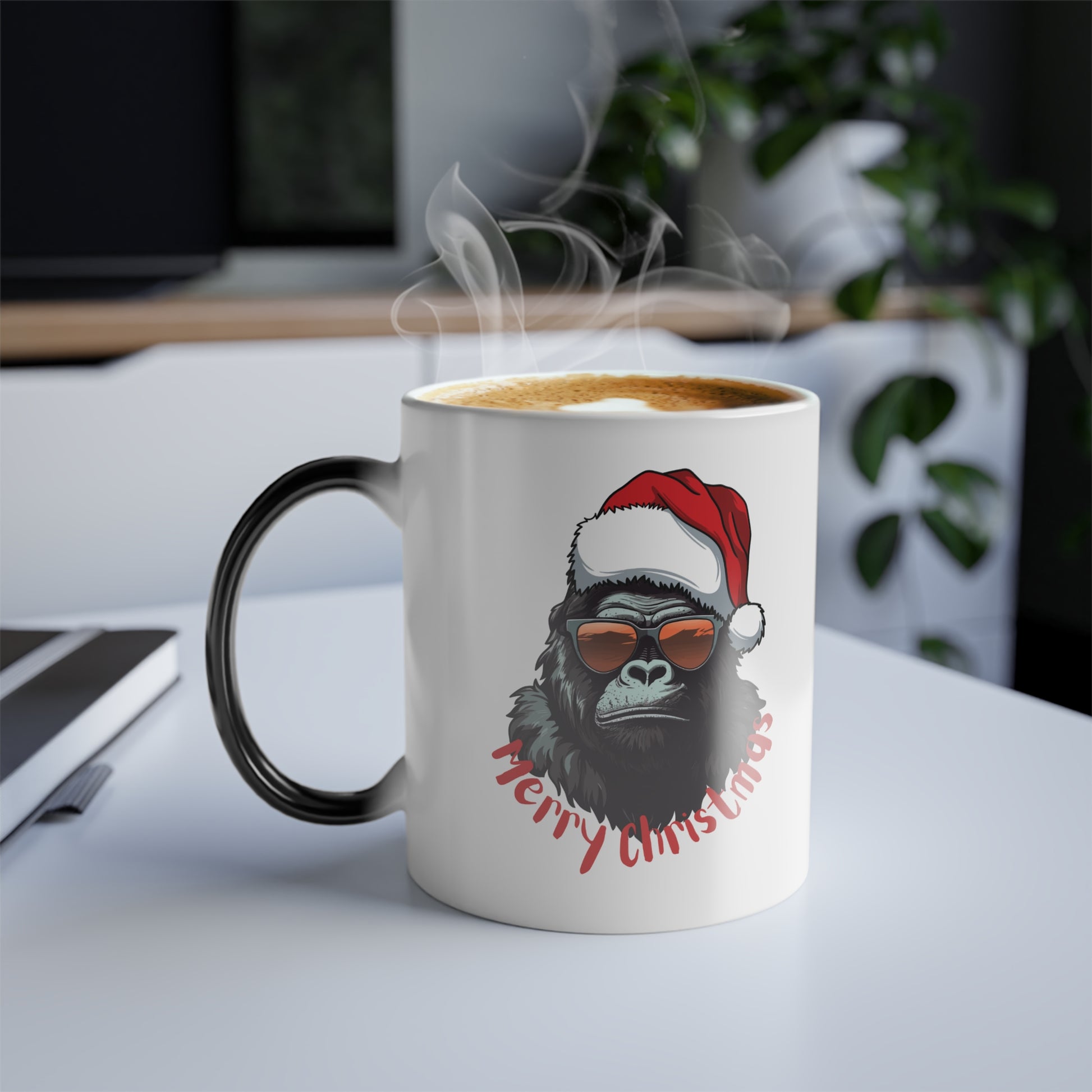 Funny Monkey Music Lover Magic Mug. Heat-sensitive coffee cup with cartoon monkey, music notes, and bananas. Perfect US gift for musicians.