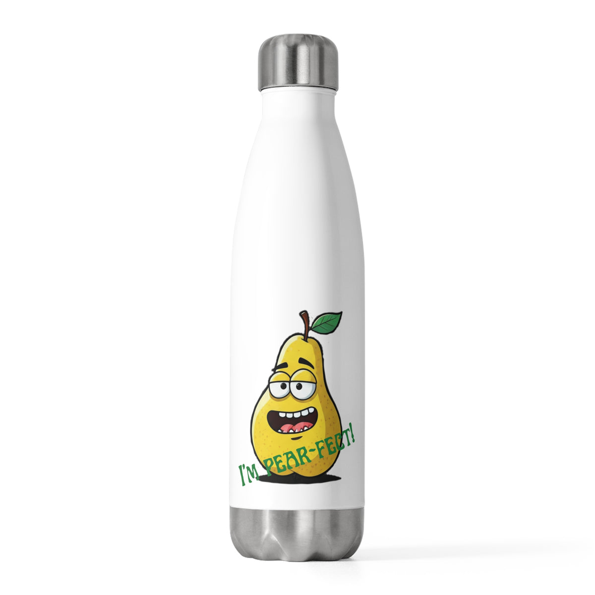 Front studio view of a white stainless steel water bottle displaying a cute smiling green pear character with green pun text quote.