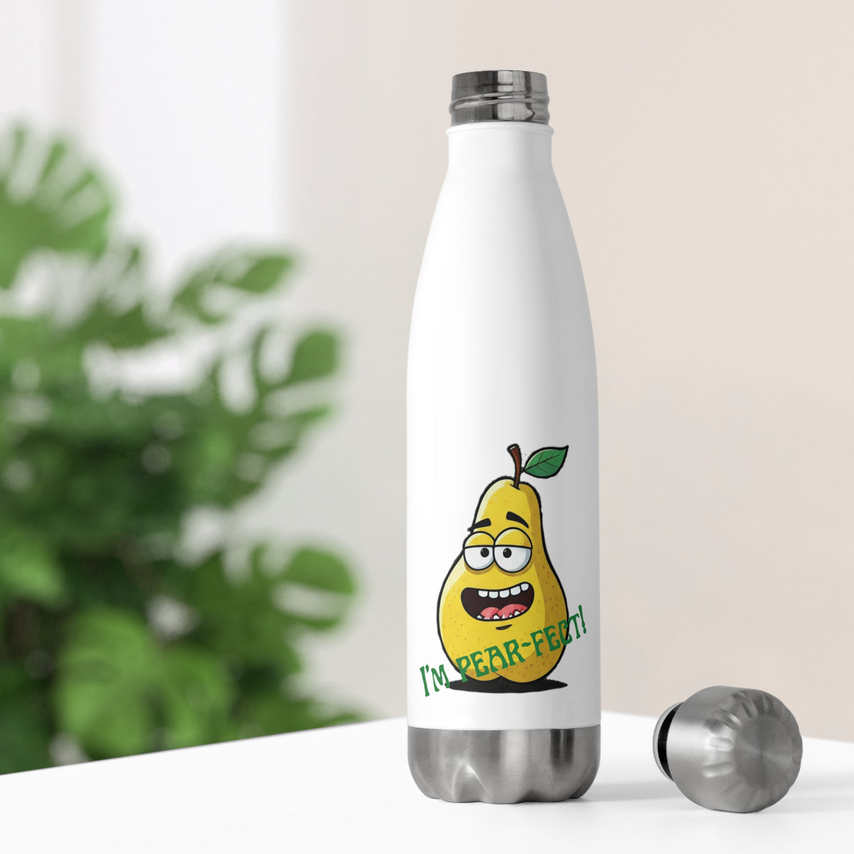White thermal travel water bottle sitting on a desk with its stainless steel cap off, showing a smiling pear character illustration for home office hydration.