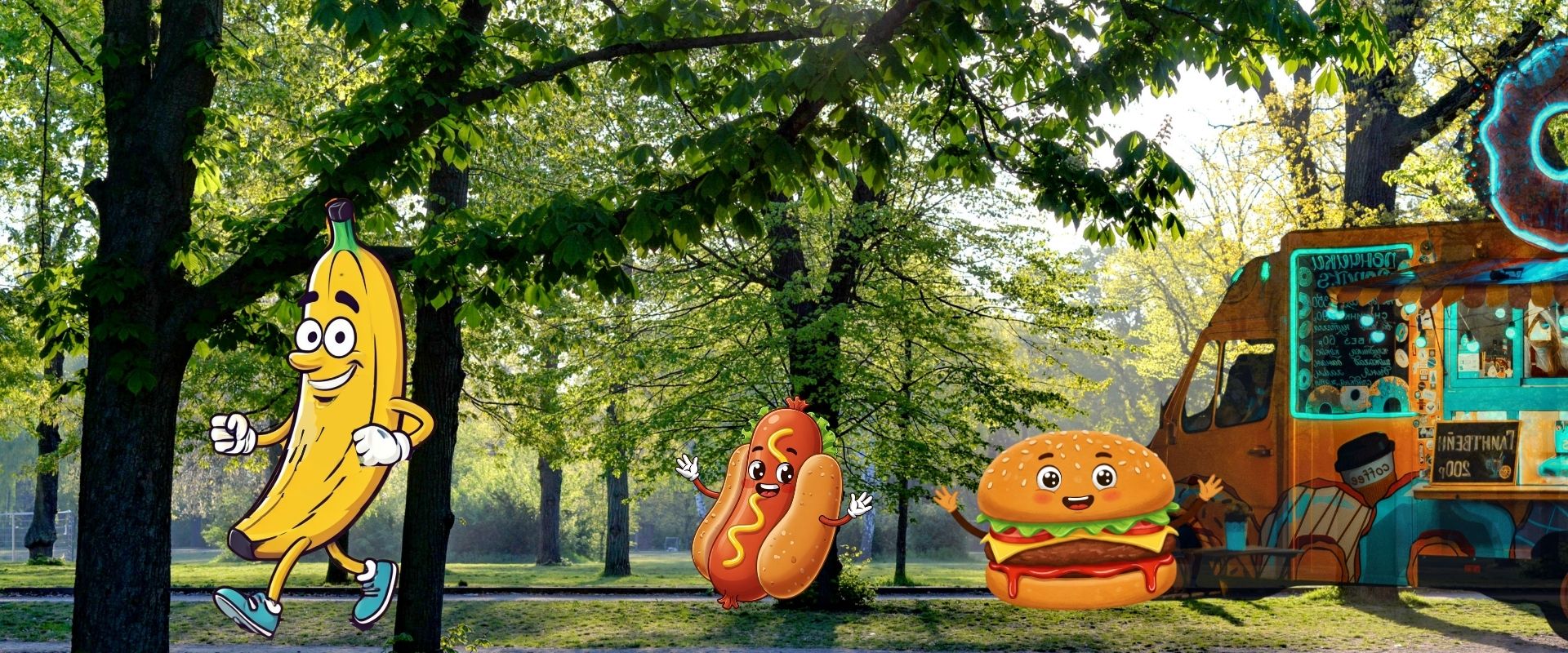 Animated banana, hot dog, and hamburger characters in a park with a food truck.