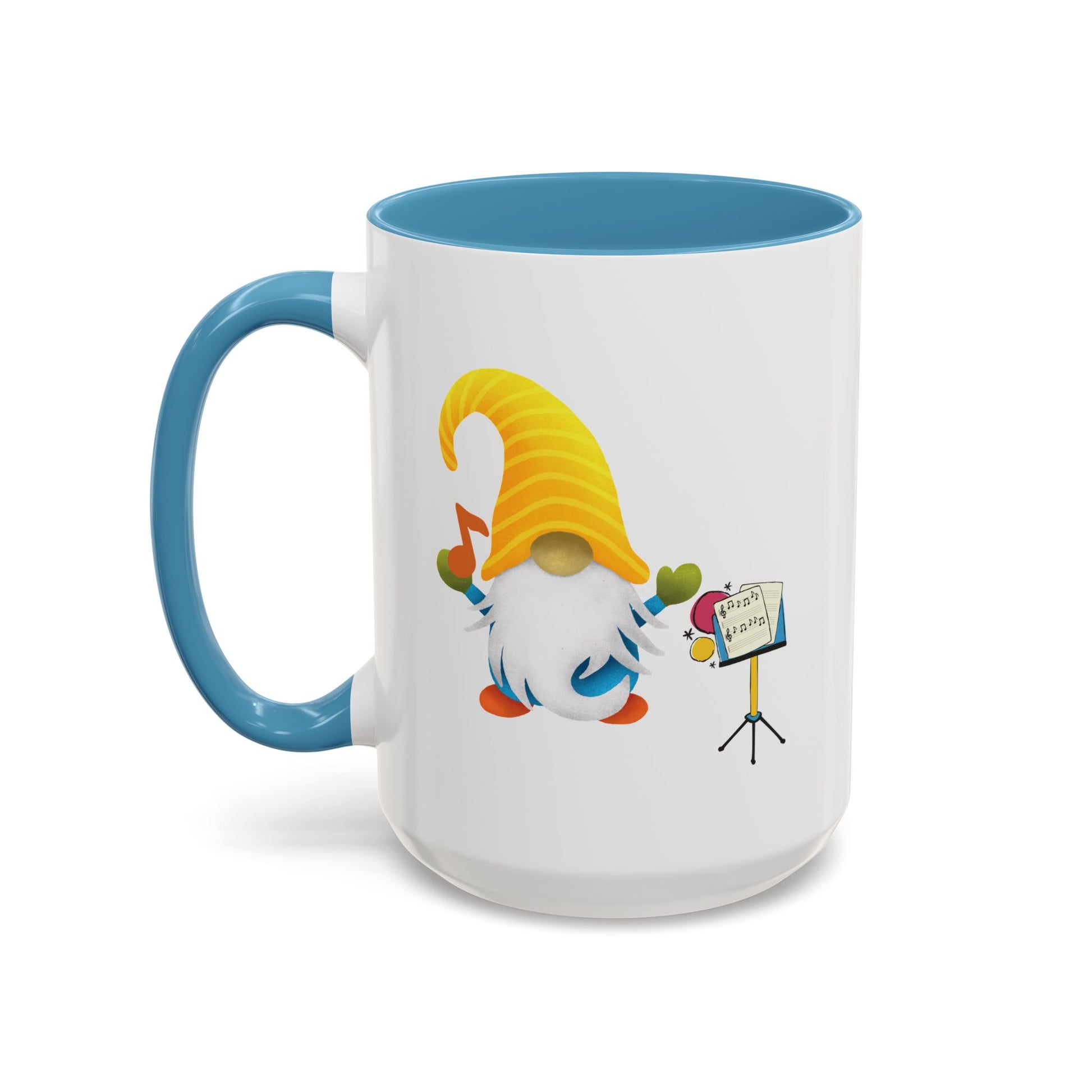 Lightblue ceramic coffee cup with a graphic of a smiling garden gnome standing under the sun.
