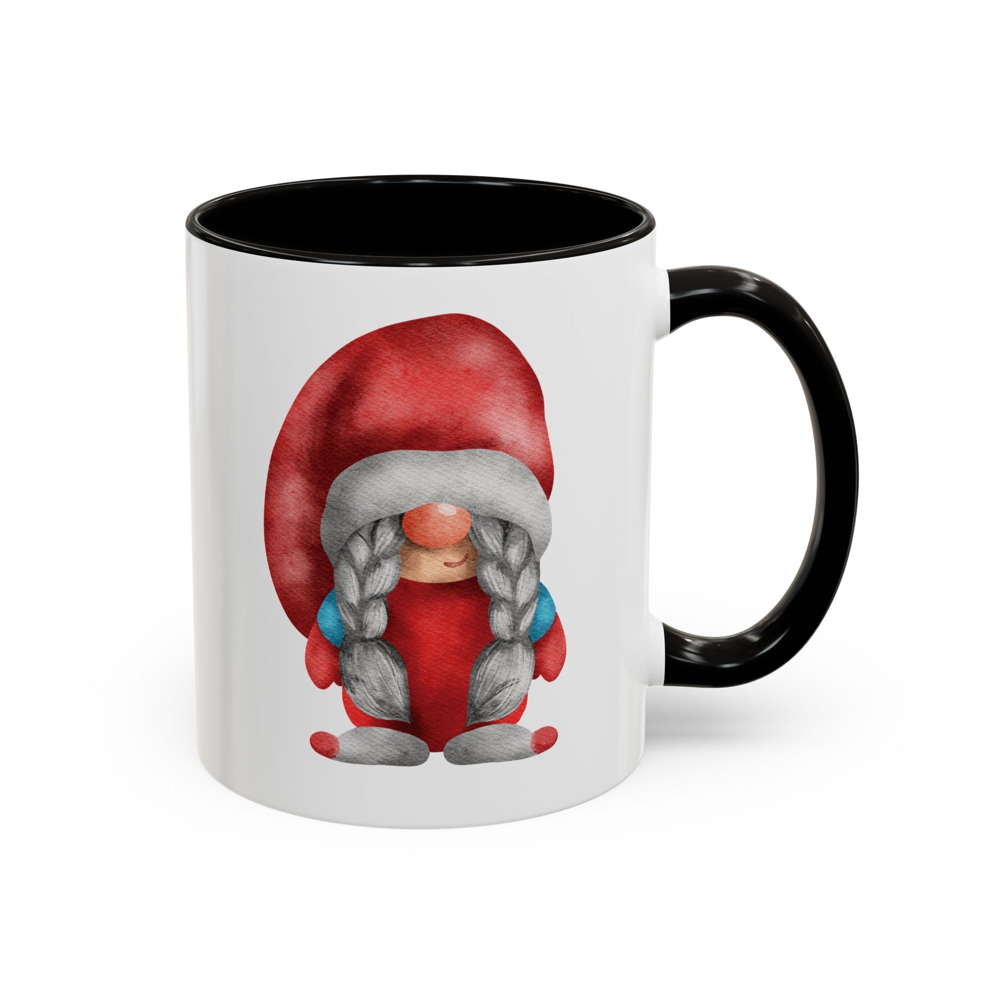 Red gnome black mug with braids next to a cozy knit sweater and a book)