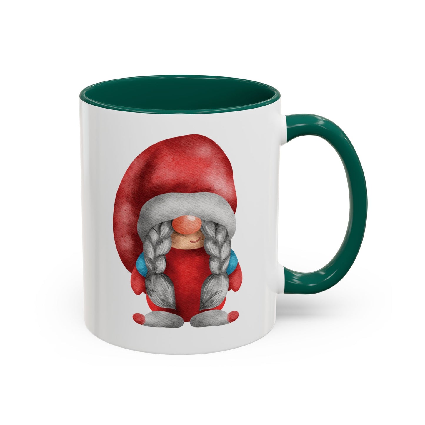 Red gnome green mug with braids next to a cozy knit sweater and a book)