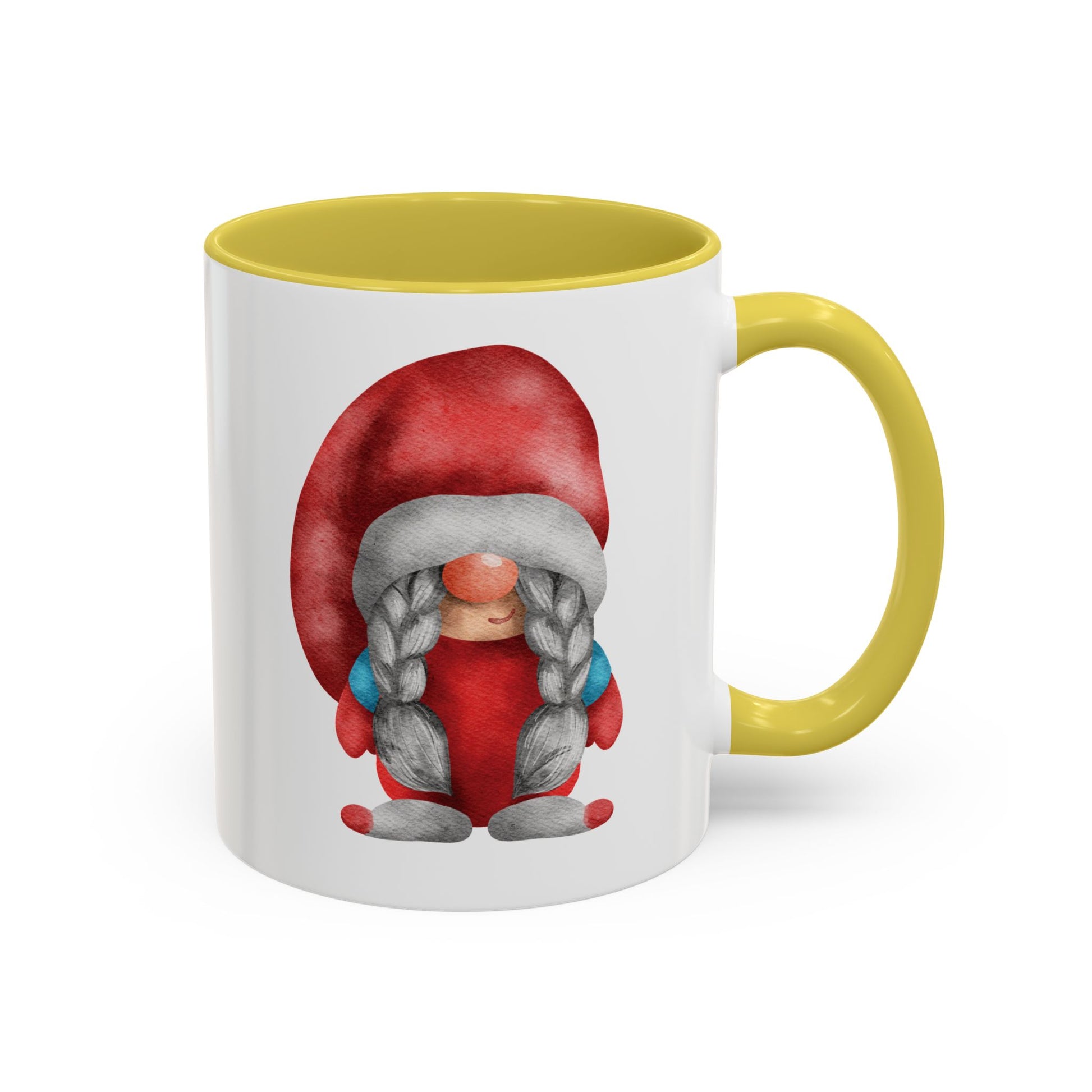 Red gnome yellow mug with braids next to a cozy knit sweater and a book)