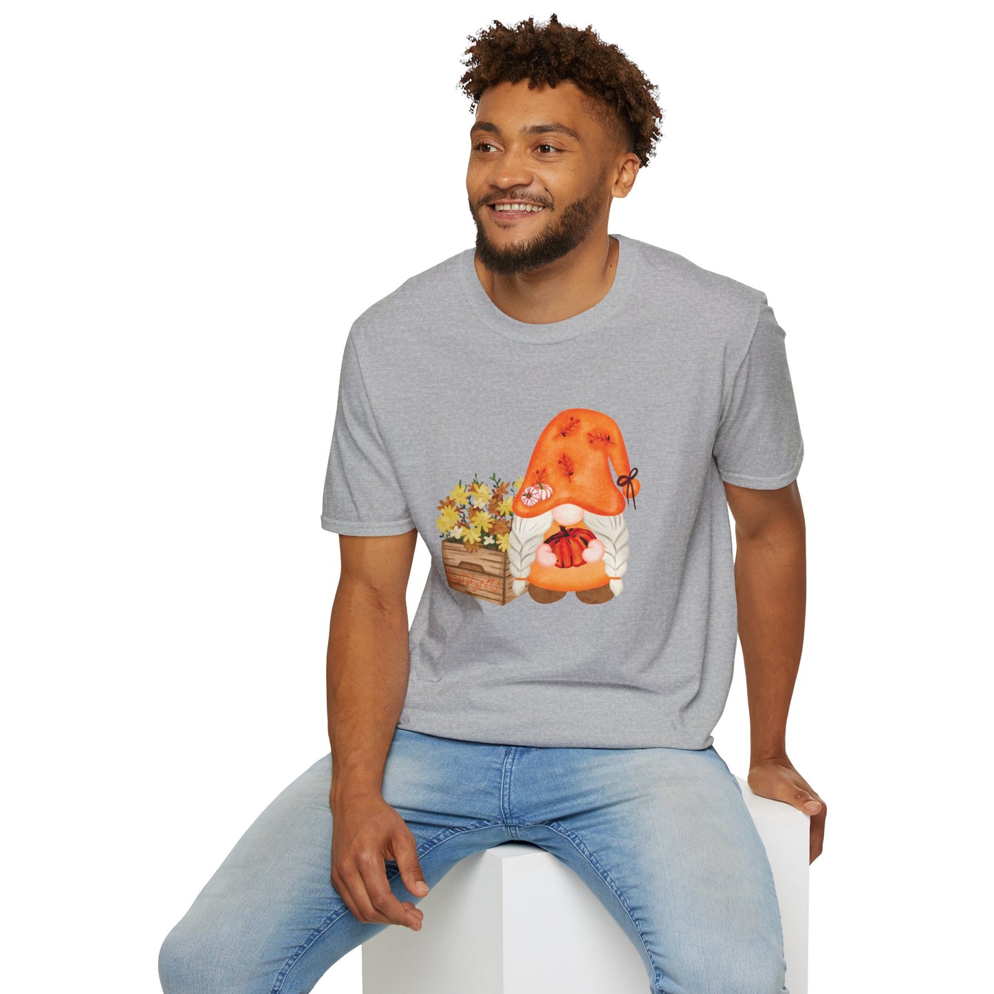 Cotton grey tee with a gnome with a flower pot original design