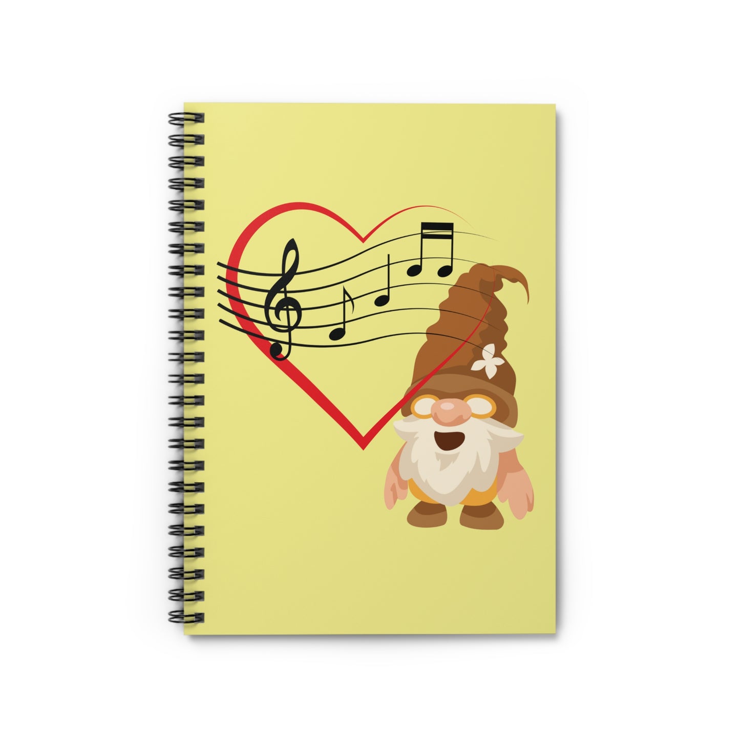 Notebook with a cartoon gnome and musical notes on a yellow background