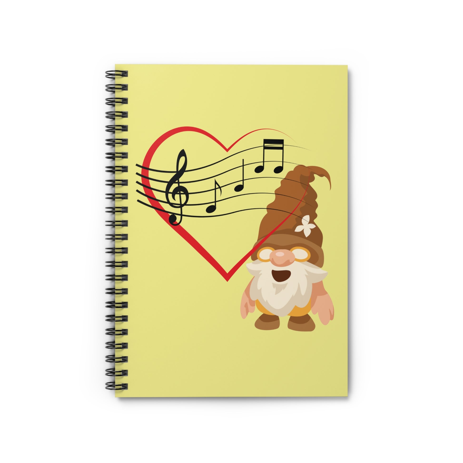 Notebook with a cartoon gnome and musical notes on a yellow background