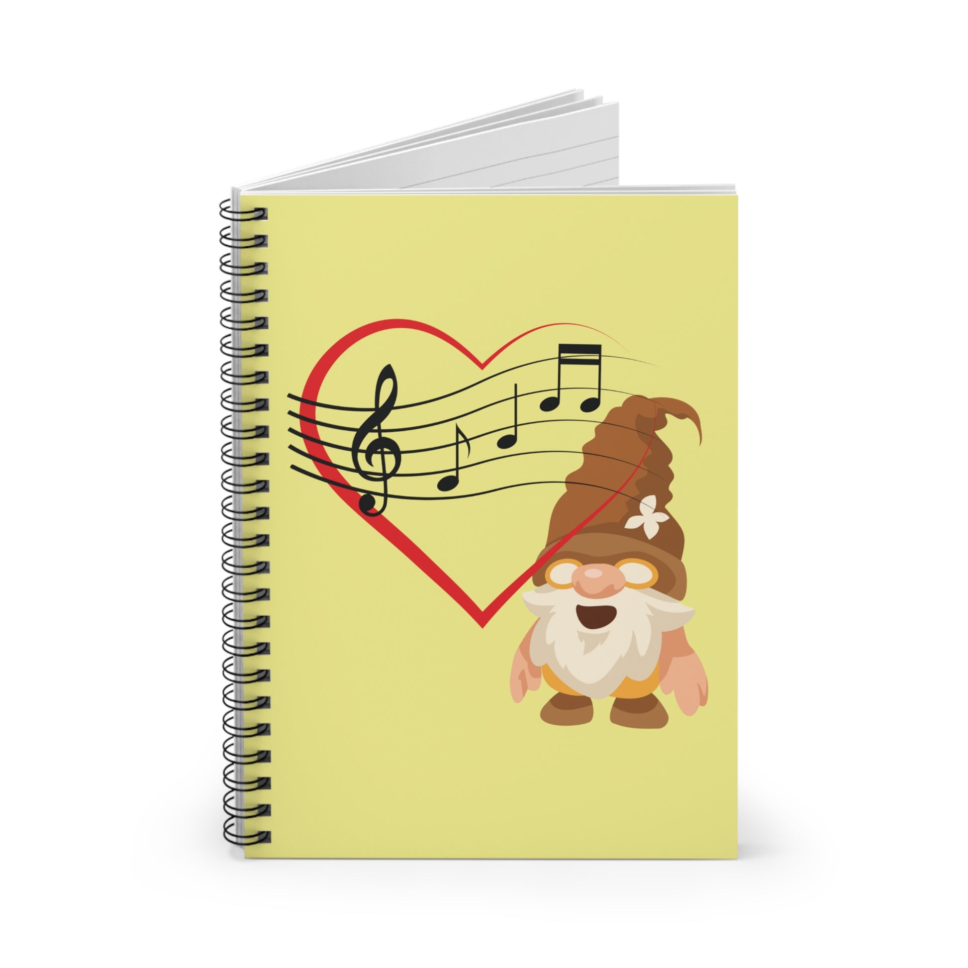 Illustration of a cheerful gnome with a brown hat singing, set against a red heart and musical staves with a treble clef and notes, printed on the cover of a yellow spiral notebook.