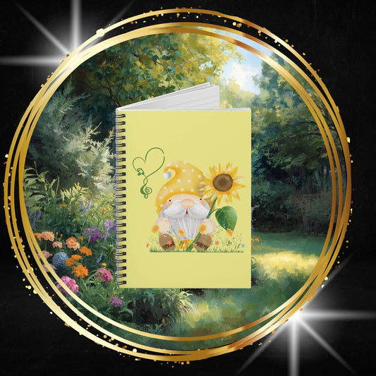Cheerful Gnome with Sunflower Spiral Notebook - Spring/Summer Ruled Journal - Nature Stationery Gift