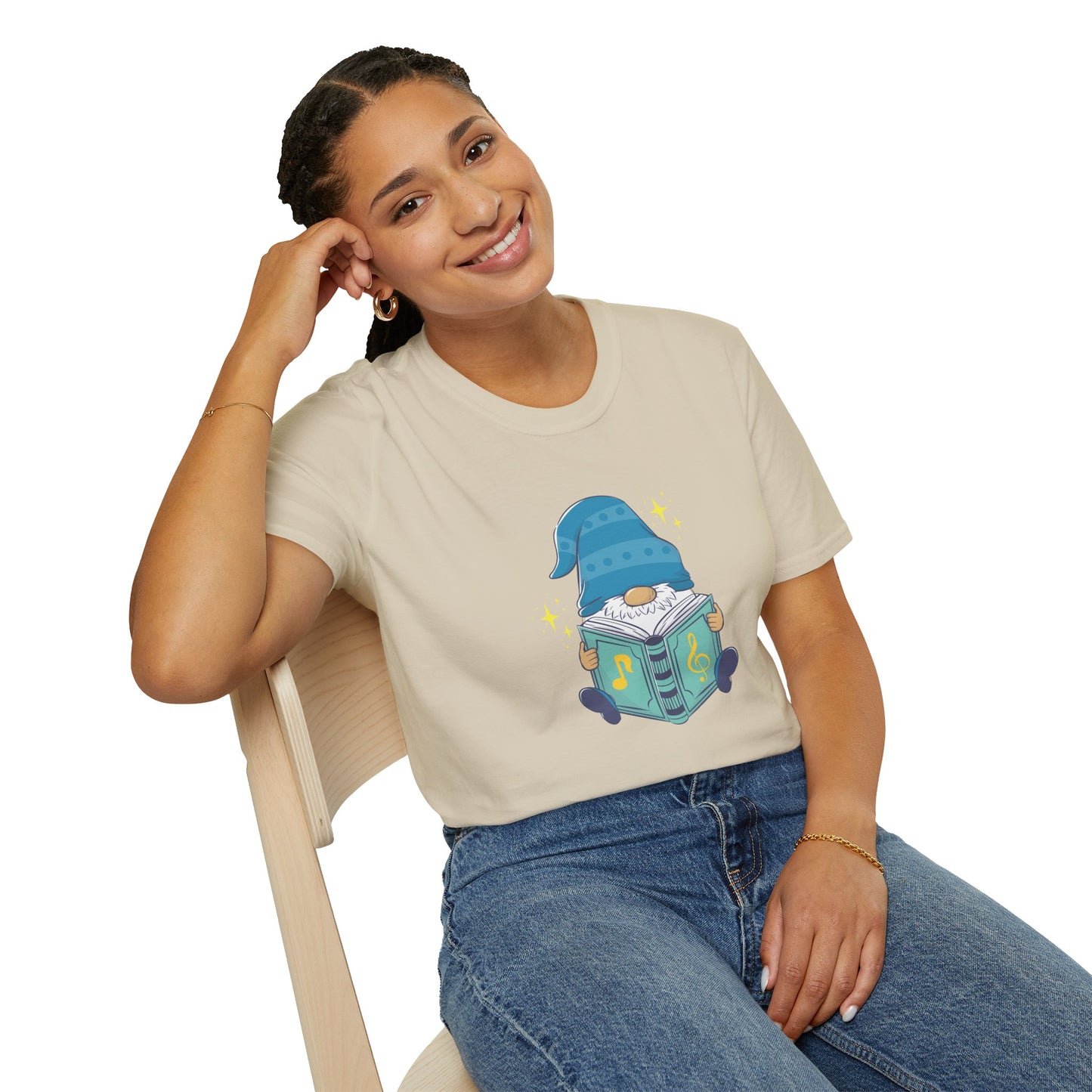 Woman wearing a heather grey graphic t-shirt featuring a cute cartoon music gnome design from From Space Store