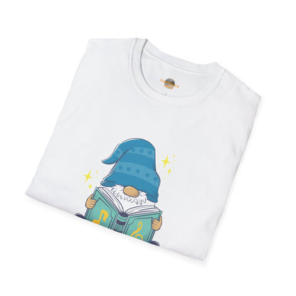White folded t-shirt with a cartoon gnome holding a blue music book 