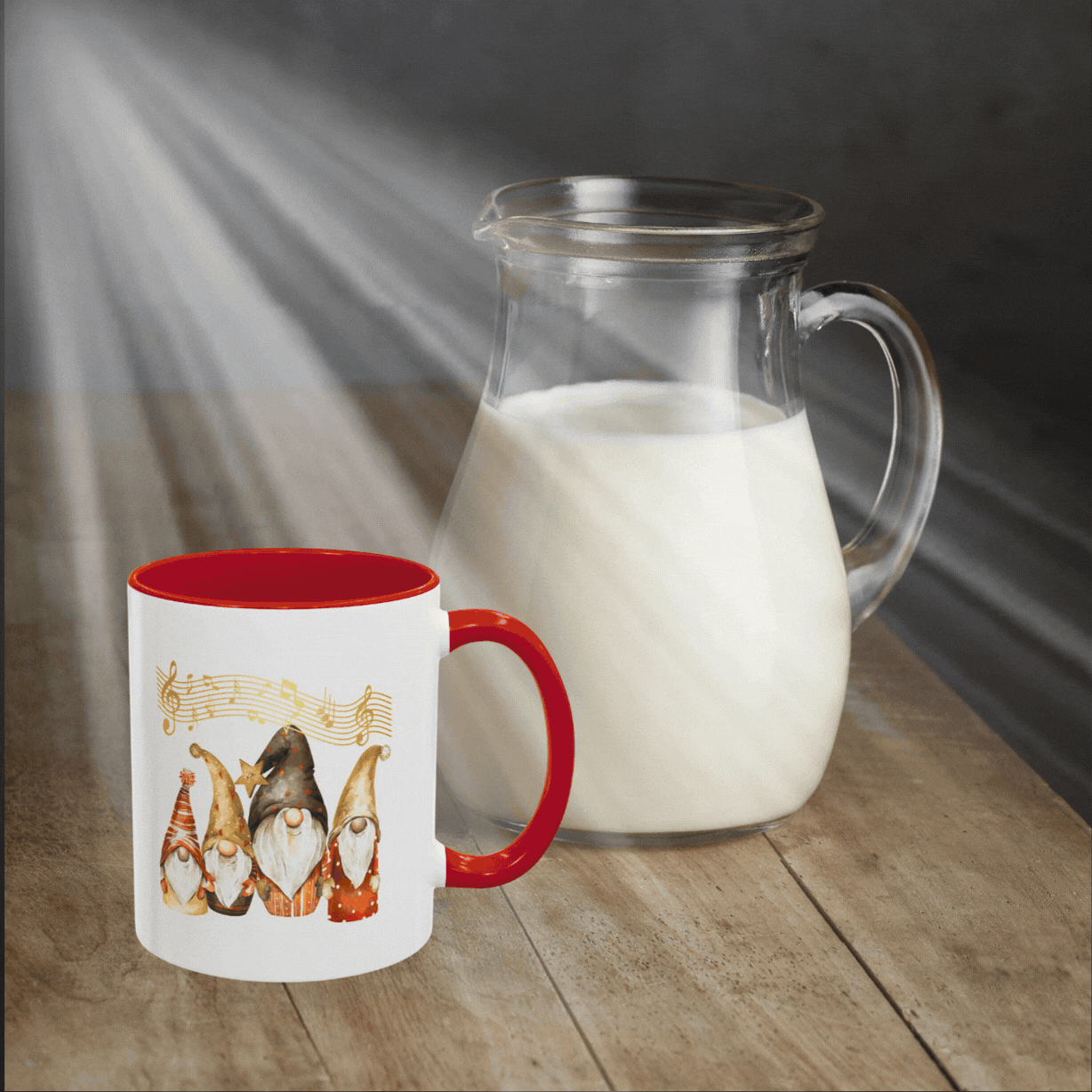Animated view showing vibrant interior color options and matching accent handles for the whimsical holiday gnomes ceramic coffee mug