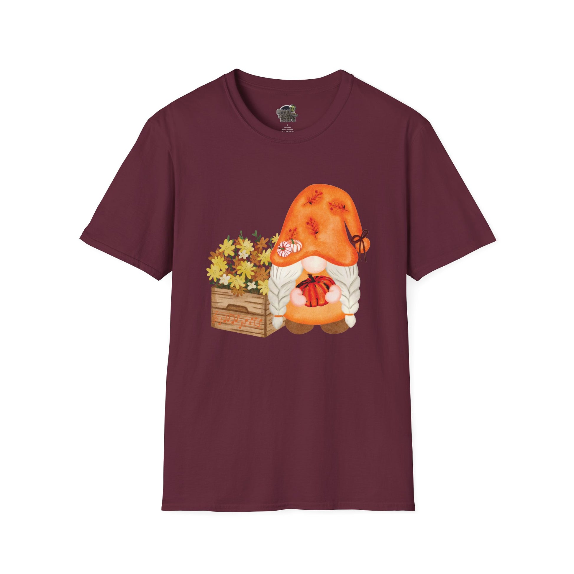 Flower Pot Gnome Unisex T-Shirt: Autumnal Charm & Secret Melodies Maroon