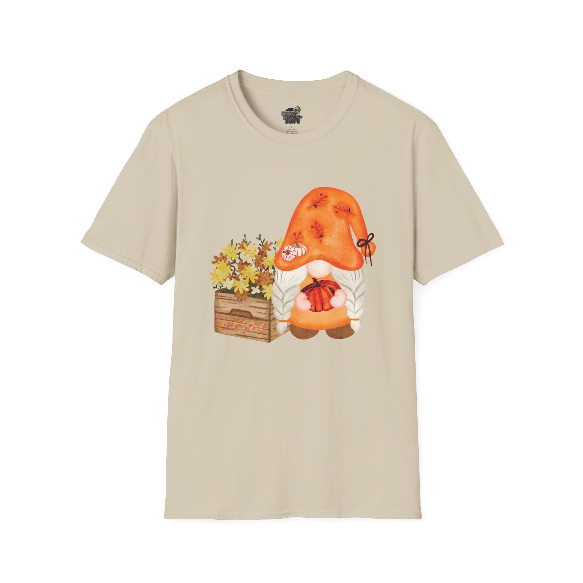 Flower Pot Gnome Unisex T-Shirt: Autumnal Charm & Secret Melodies Sand