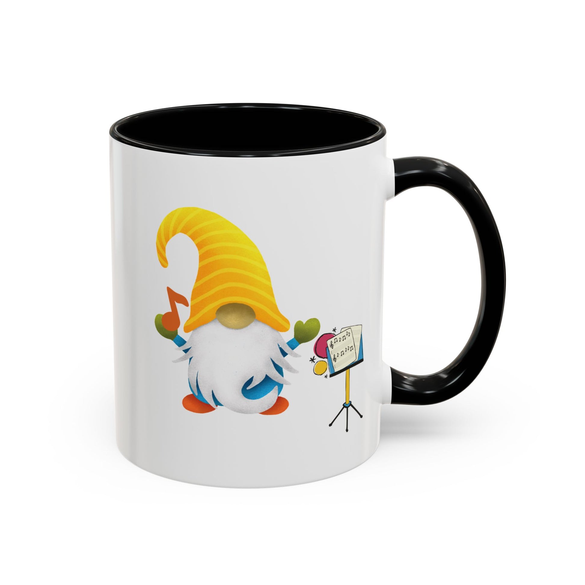 Blackceramic coffee mug with a graphic of a smiling garden gnome standing under the sun.