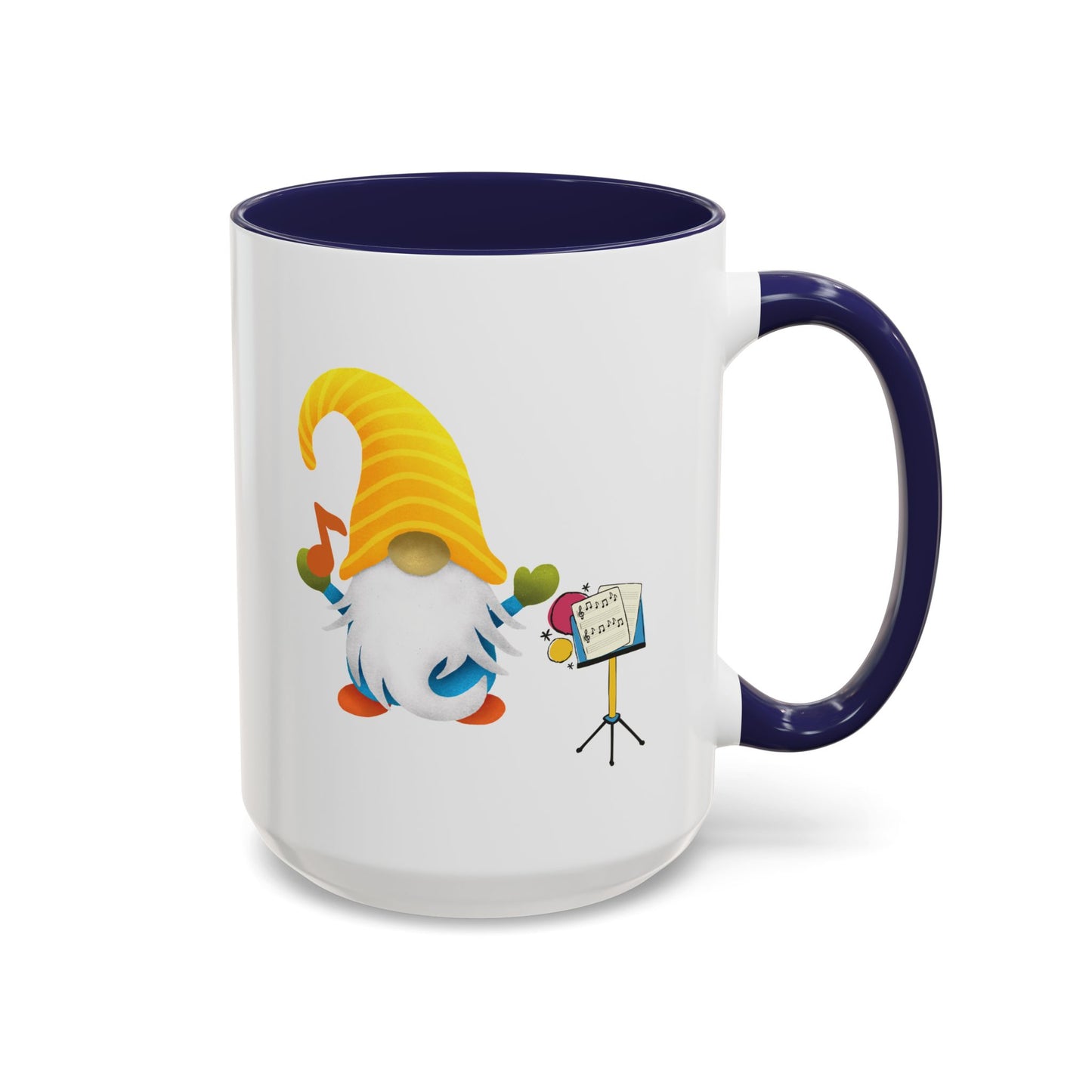 Blue ceramic coffee cup with a graphic of a smiling garden gnome standing under the sun.