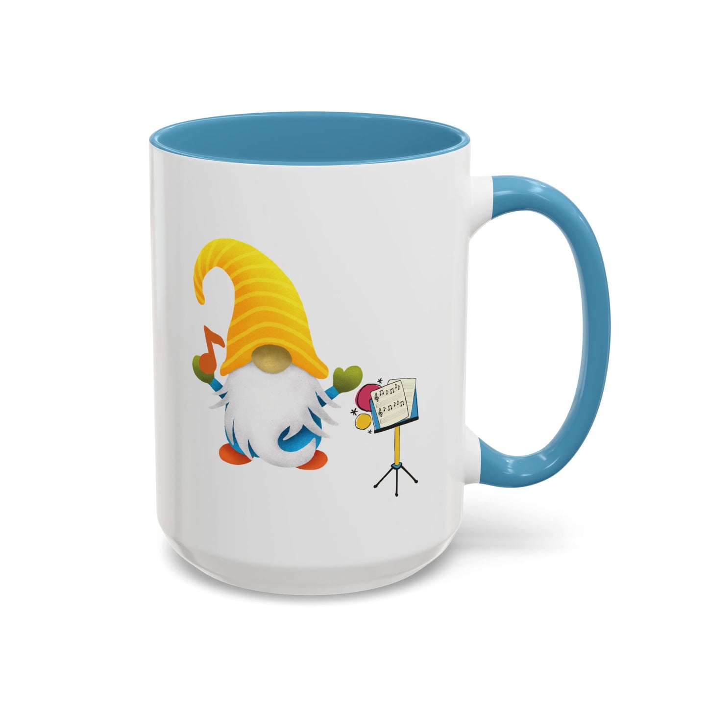 Light blue ceramic coffee cup with a graphic of a smiling garden gnome standing under the sun.