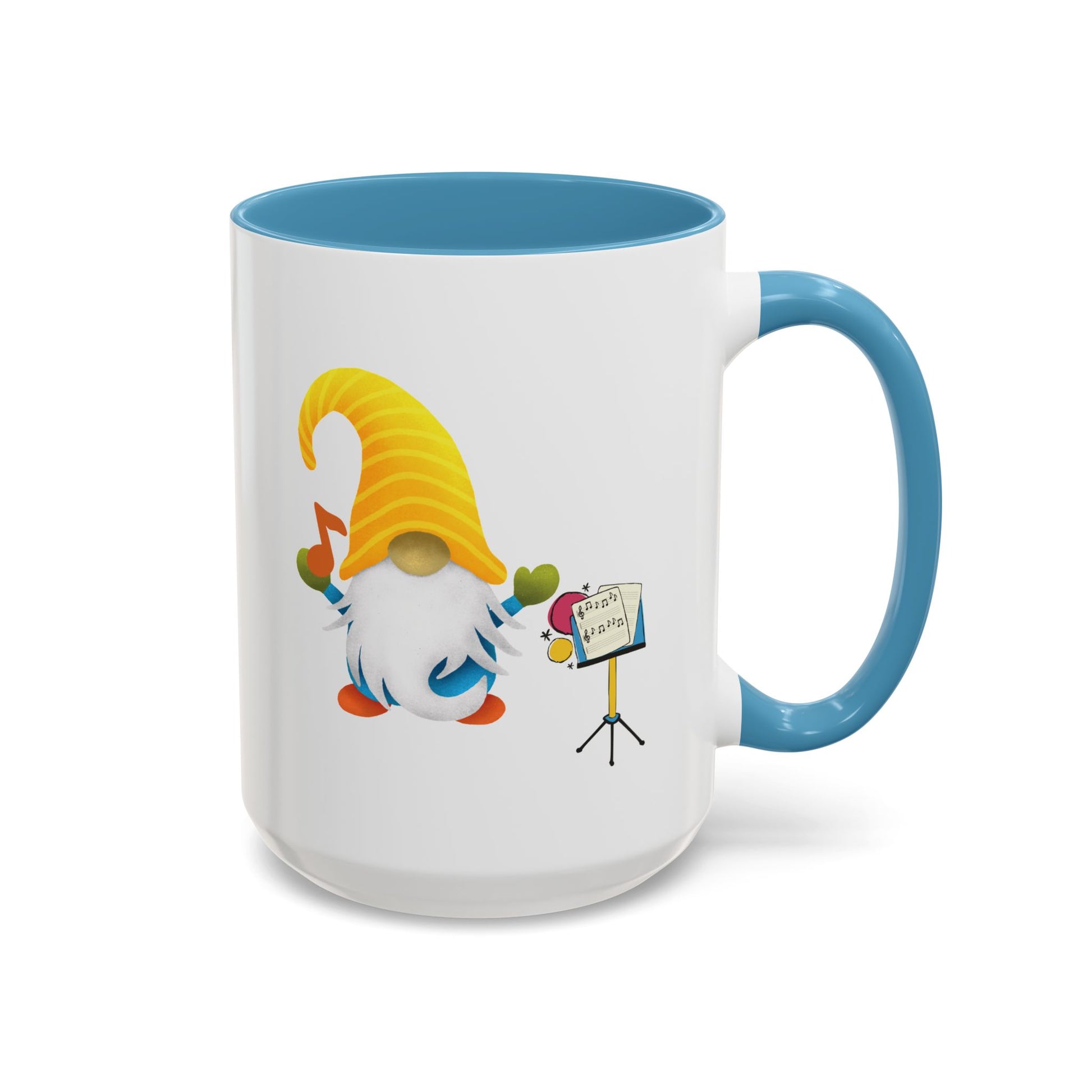Light blue ceramic coffee cup with a graphic of a smiling garden gnome standing under the sun.