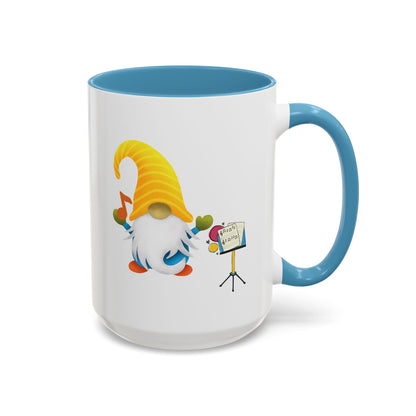 Light blue ceramic coffee cup with a graphic of a smiling garden gnome standing under the sun.