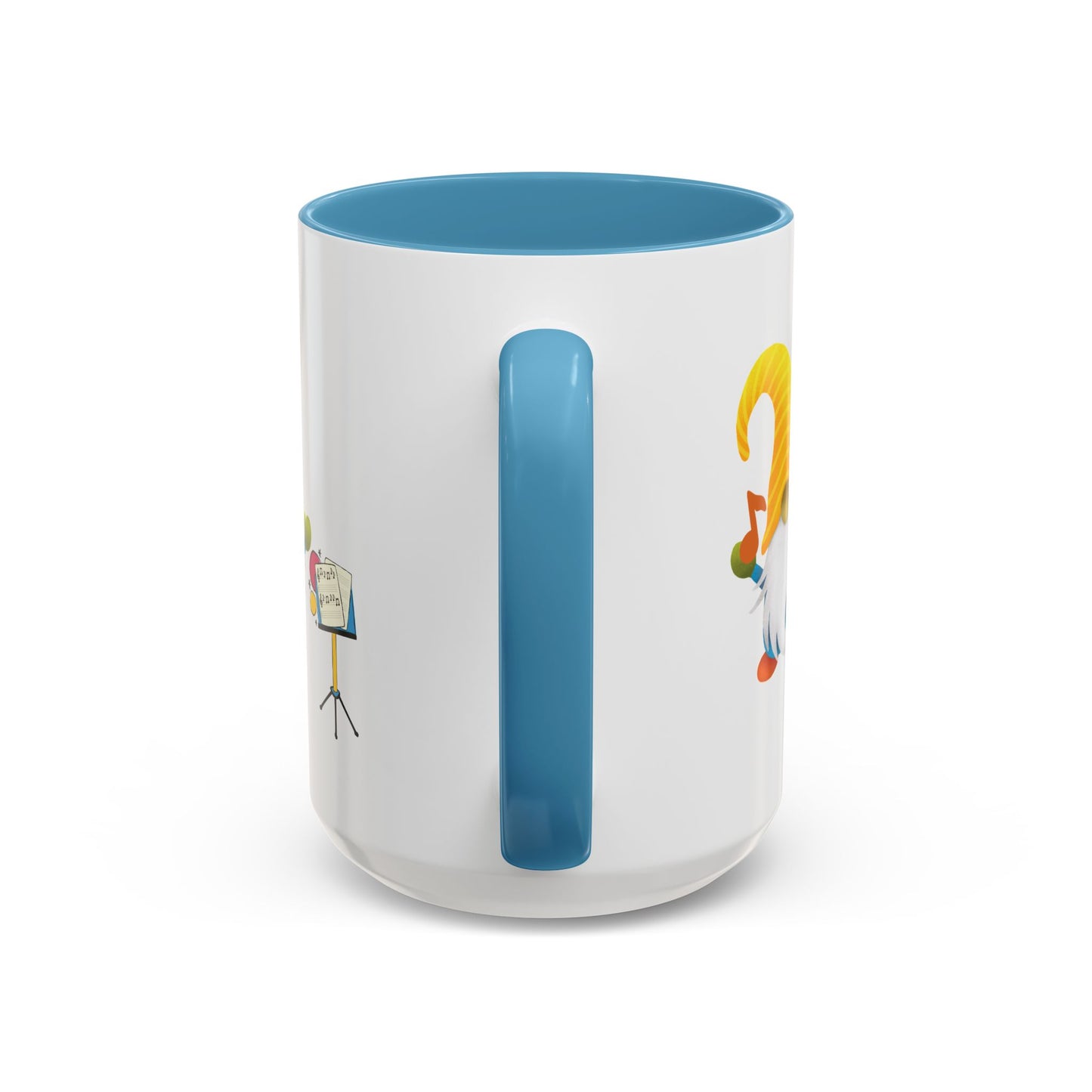 Light Blue ceramic coffee mug with a graphic of a smiling garden gnome standing under the sun, handle detail.