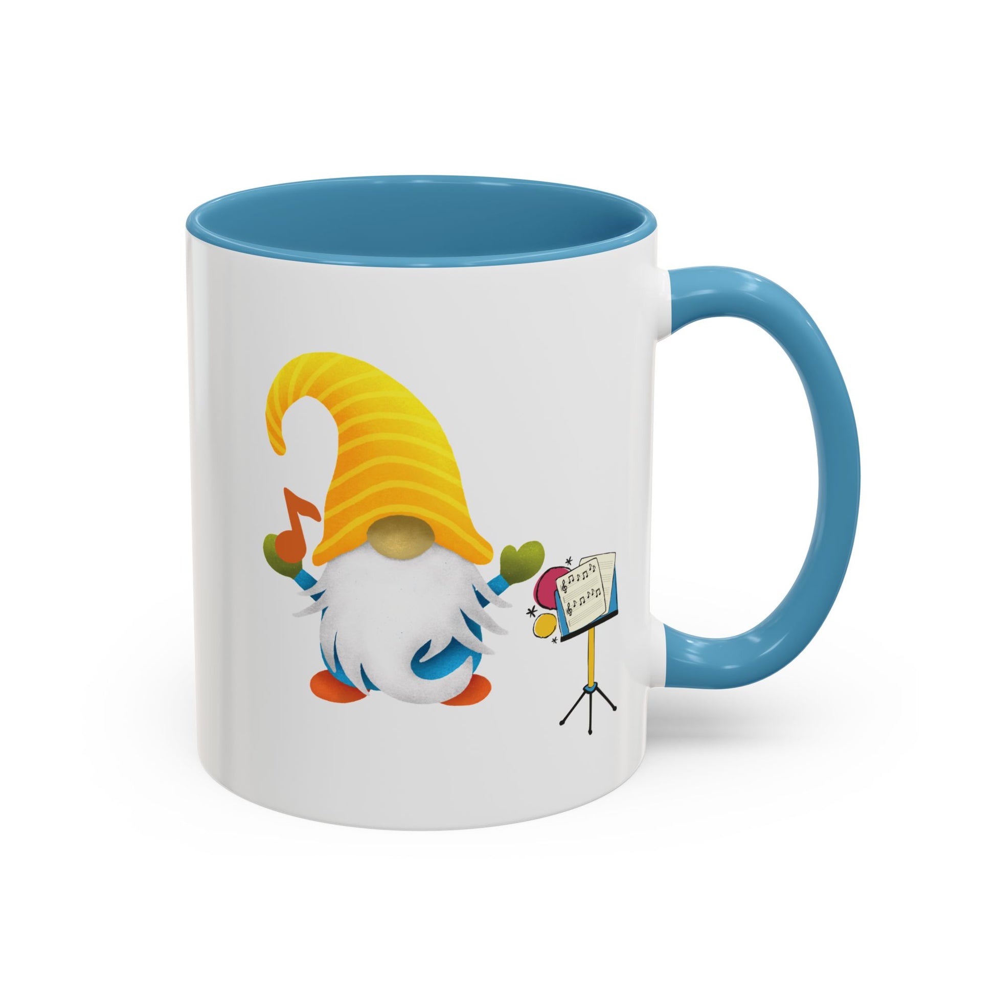 Light blue ceramic coffee mug with a graphic of a smiling garden gnome standing under the sun.