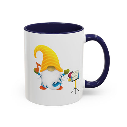 Blue ceramic coffee mug with a graphic of a smiling garden gnome standing under the sun.