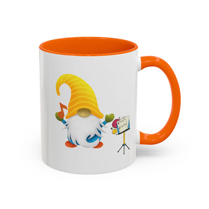 Orange ceramic coffee mug with a graphic of a smiling garden gnome standing under the sun.