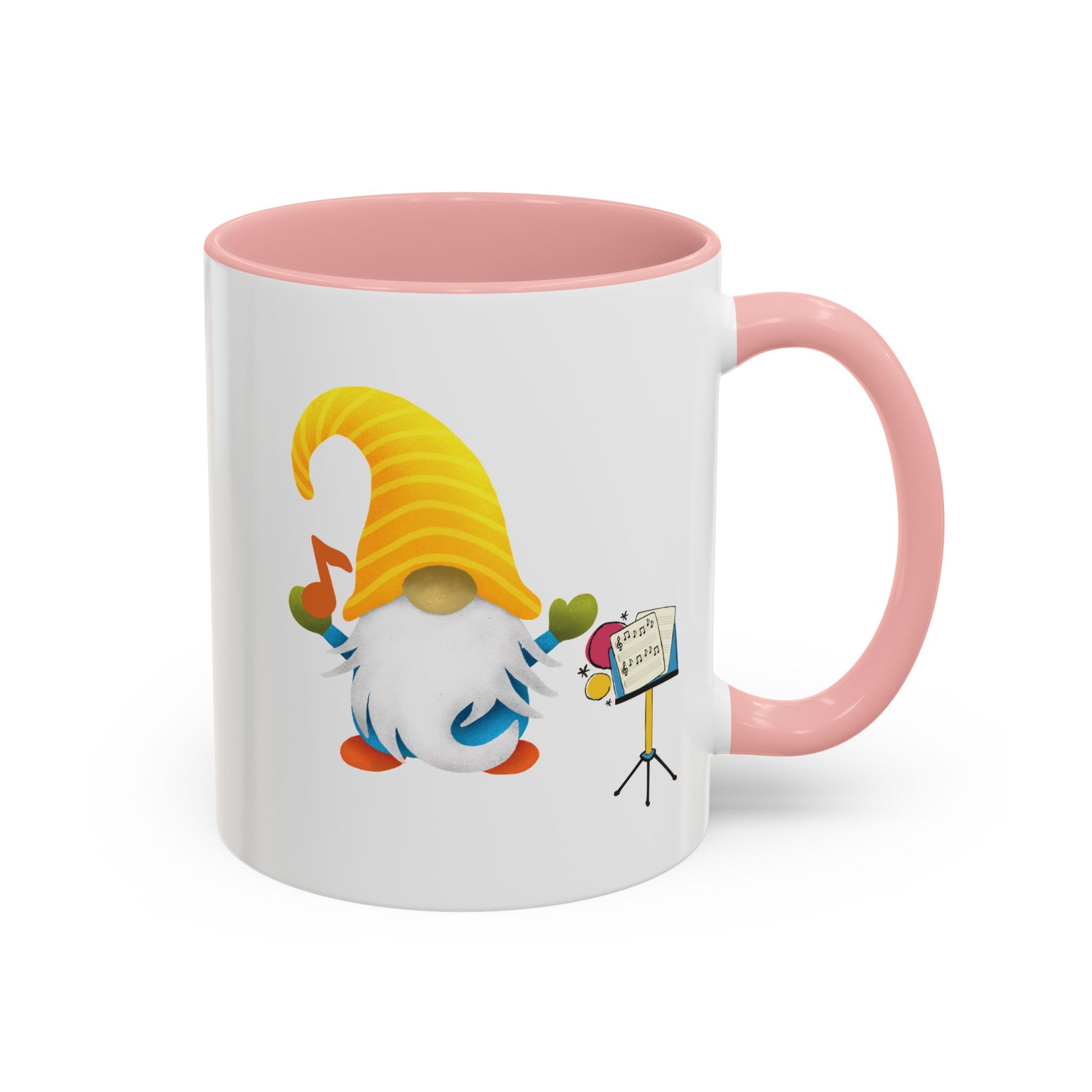 Pink ceramic coffee mug with a graphic of a smiling garden gnome standing under the sun.