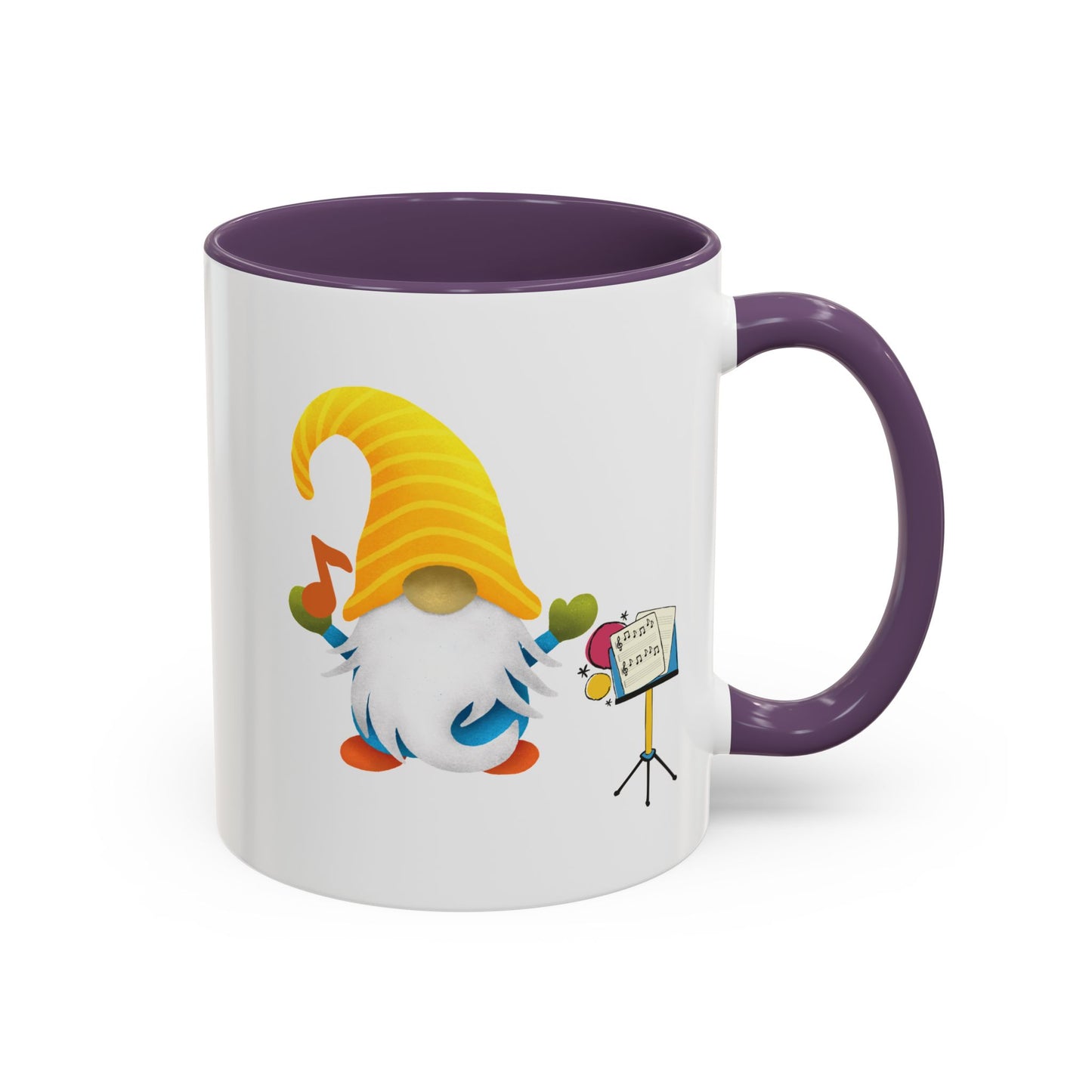 Purple ceramic coffee mug with a graphic of a smiling garden gnome standing under the sun.