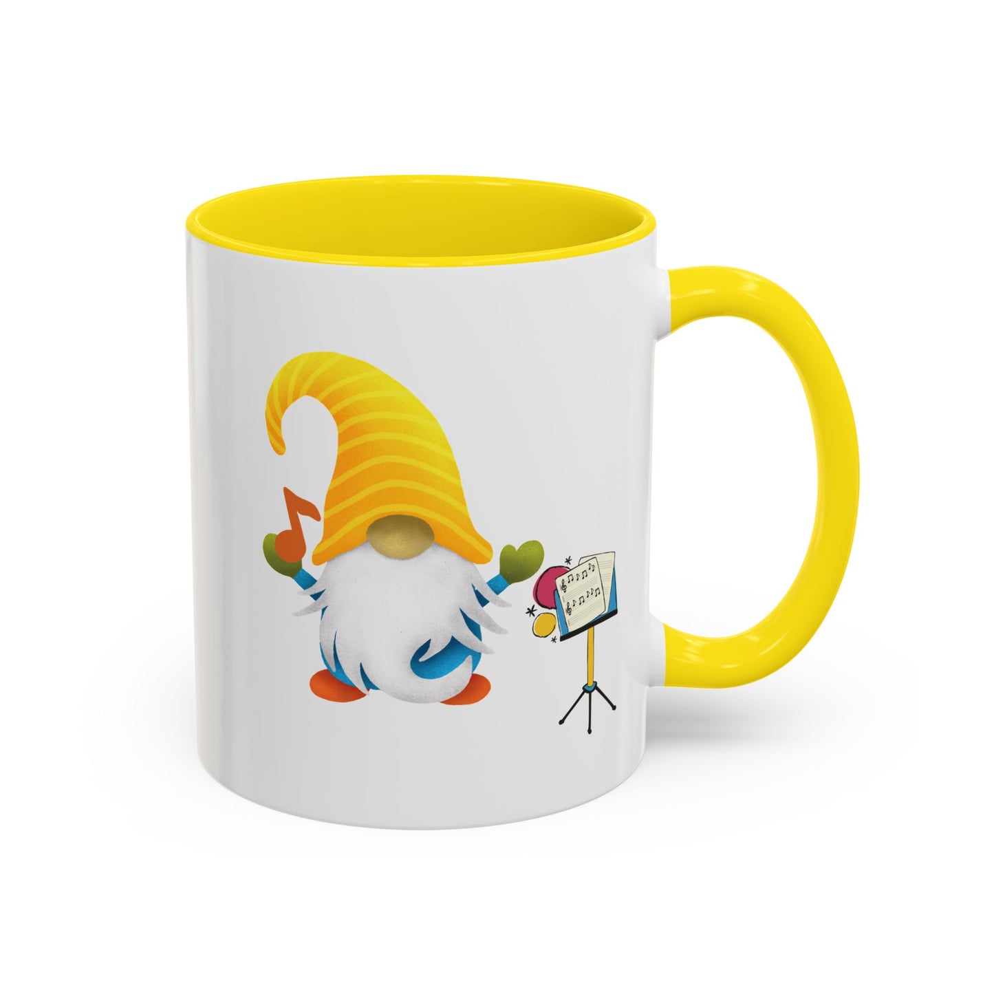 Yellow ceramic coffee mug with a graphic of a smiling garden gnome standing under the sun.