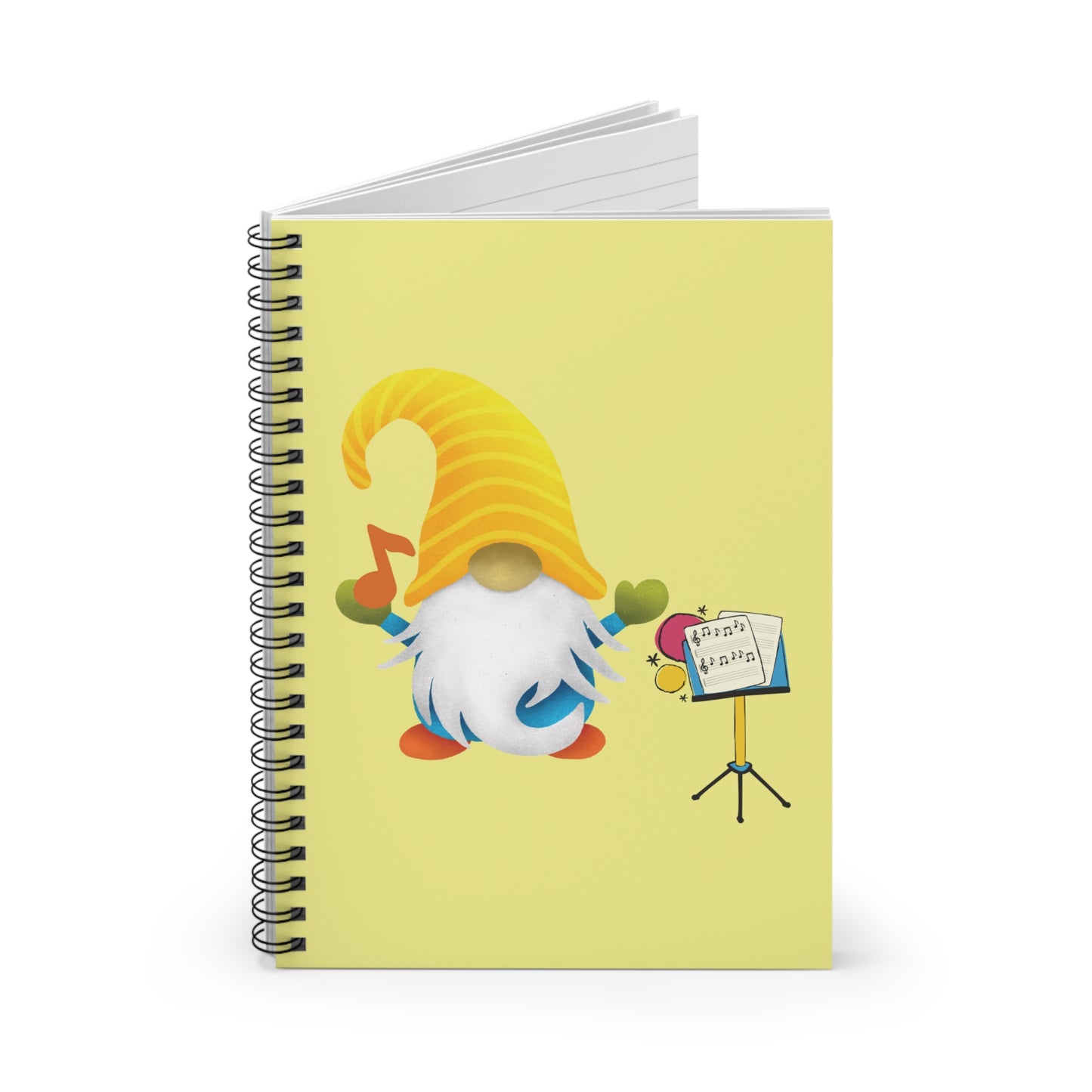 Cute illustration of a gnome with a yellow striped hat standing next to a music stand with sheet music, holding a music note, printed on the cover of a yellow spiral notebook.