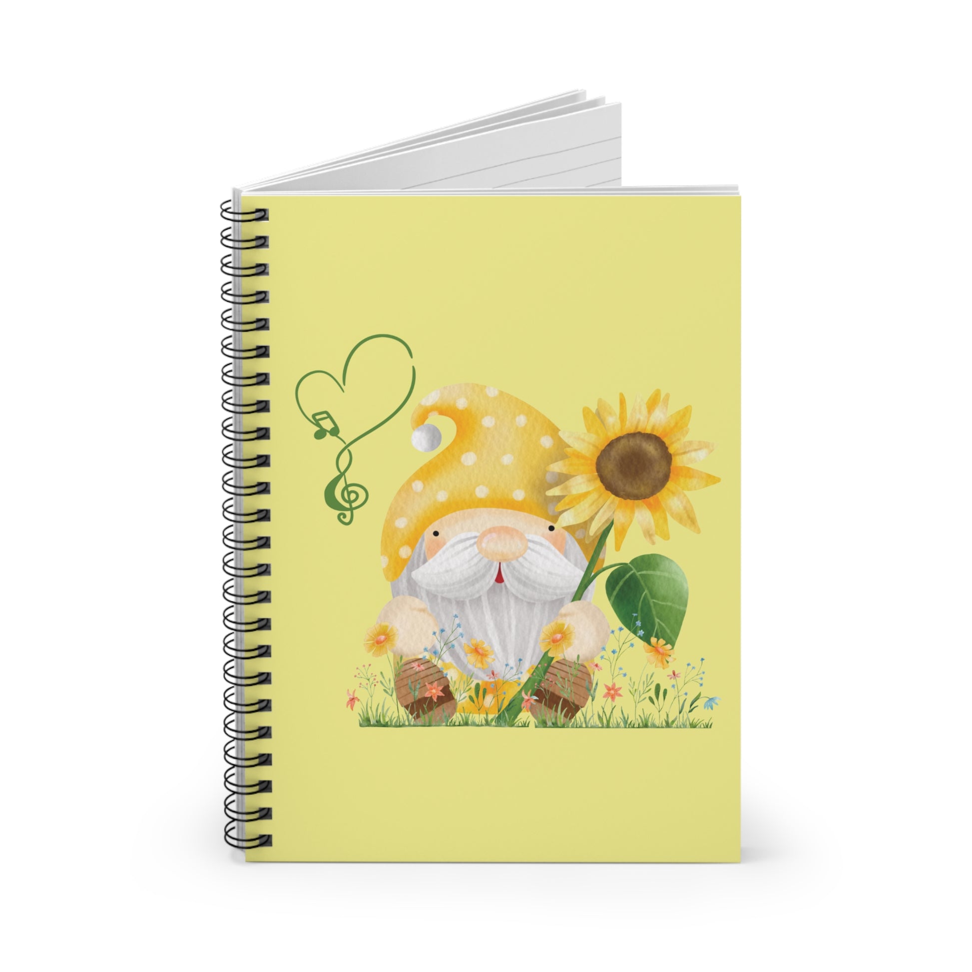 Watercolor illustration of a cheerful gnome in a yellow polka-dot hat, sitting in a field of wildflowers and holding a large yellow sunflower, with a green heart and music notes floating above, printed on a yellow spiral notebook.